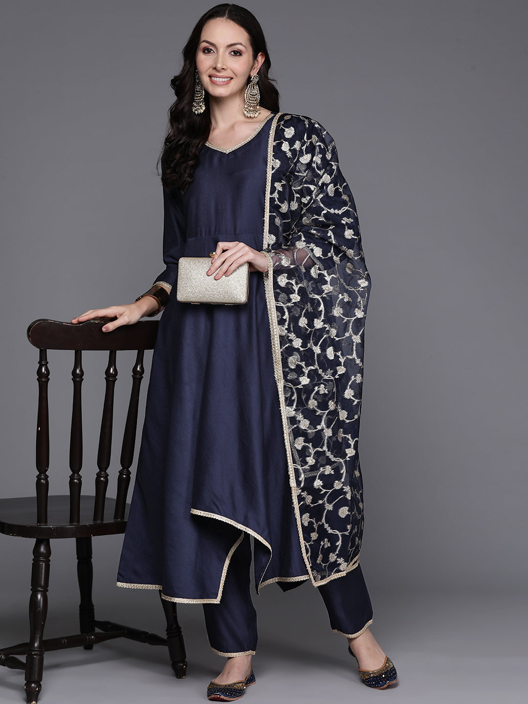 Women's Navy Blue Cotton Blend Kurta Set - Taantav