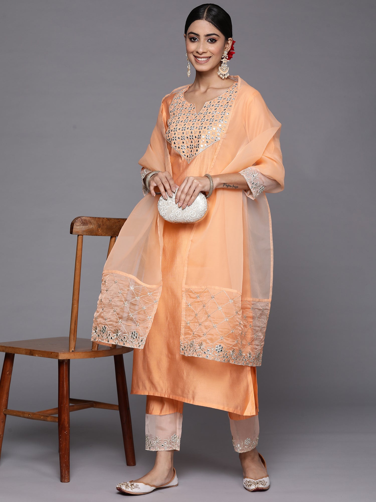 Women's Peach Liva Kurta Set - Taantav