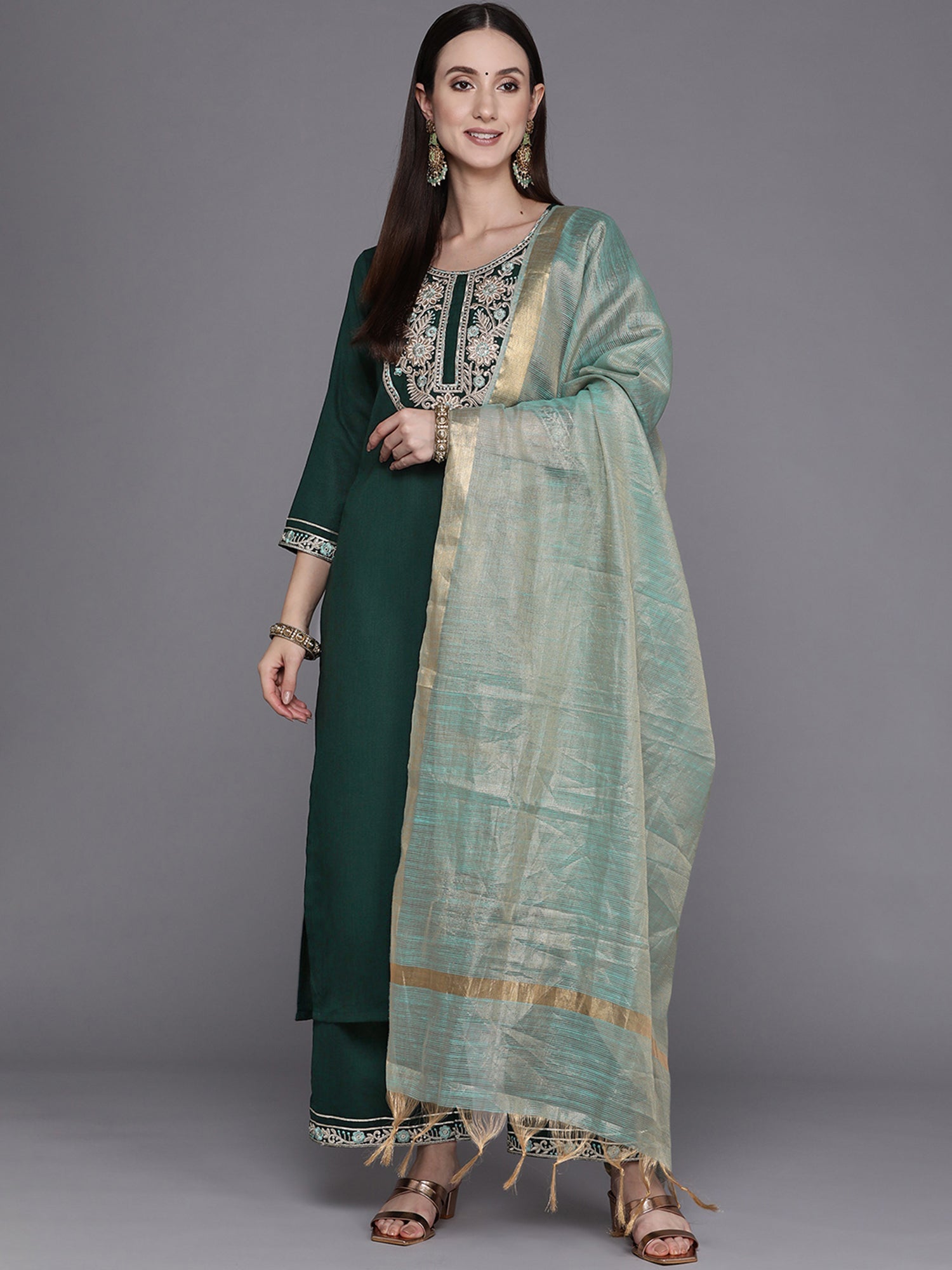 Women's Green Cotton Blend Kurta Set - Taantav