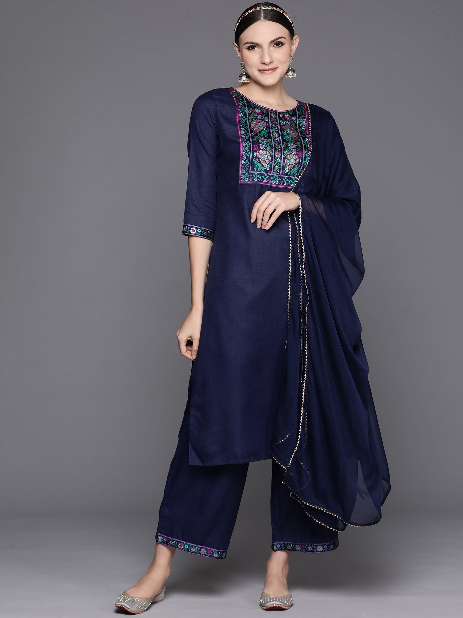 Women's Navy Blue Cotton Blend Kurta Set - Taantav