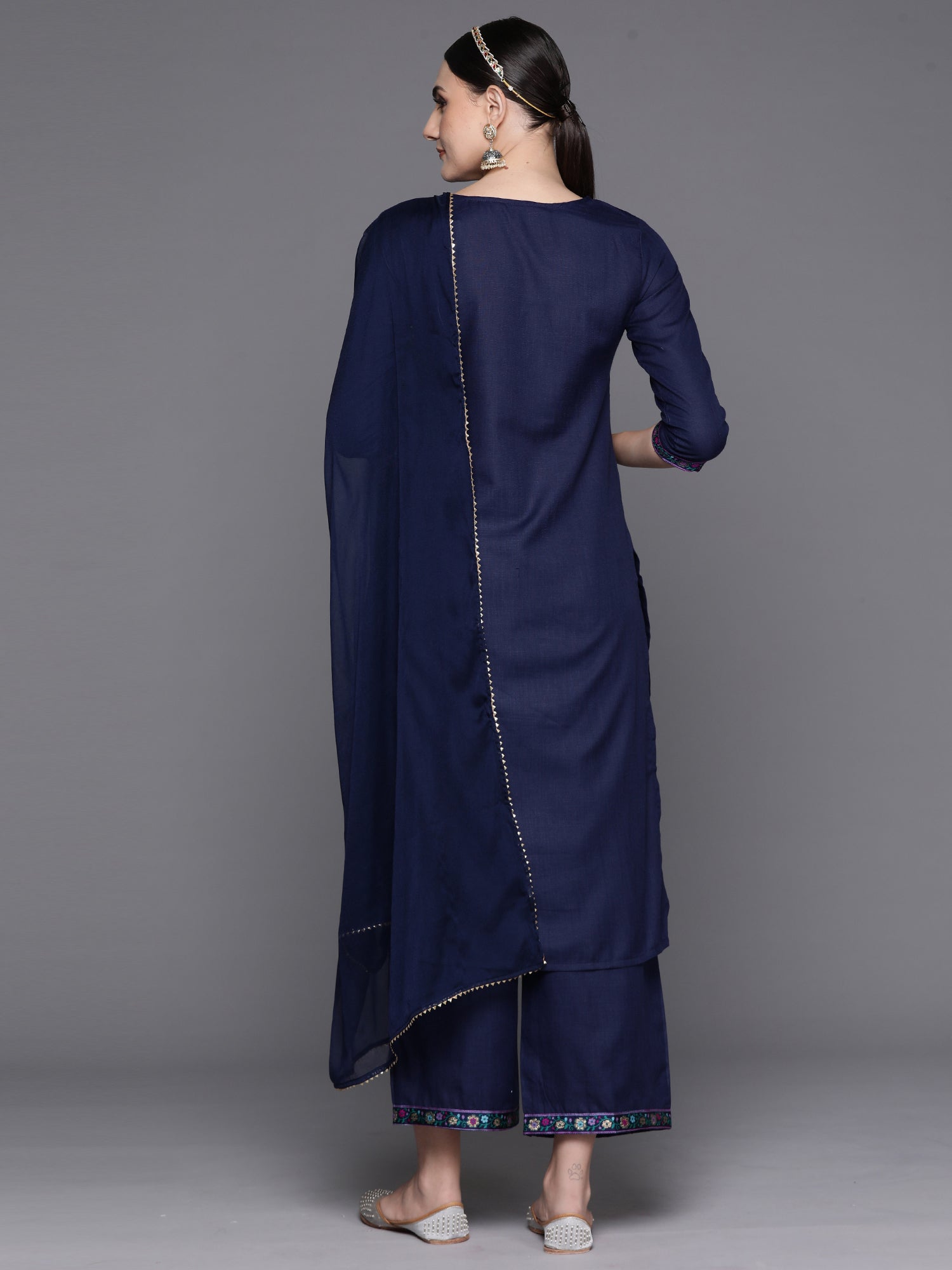 Women's Navy Blue Cotton Blend Kurta Set - Taantav