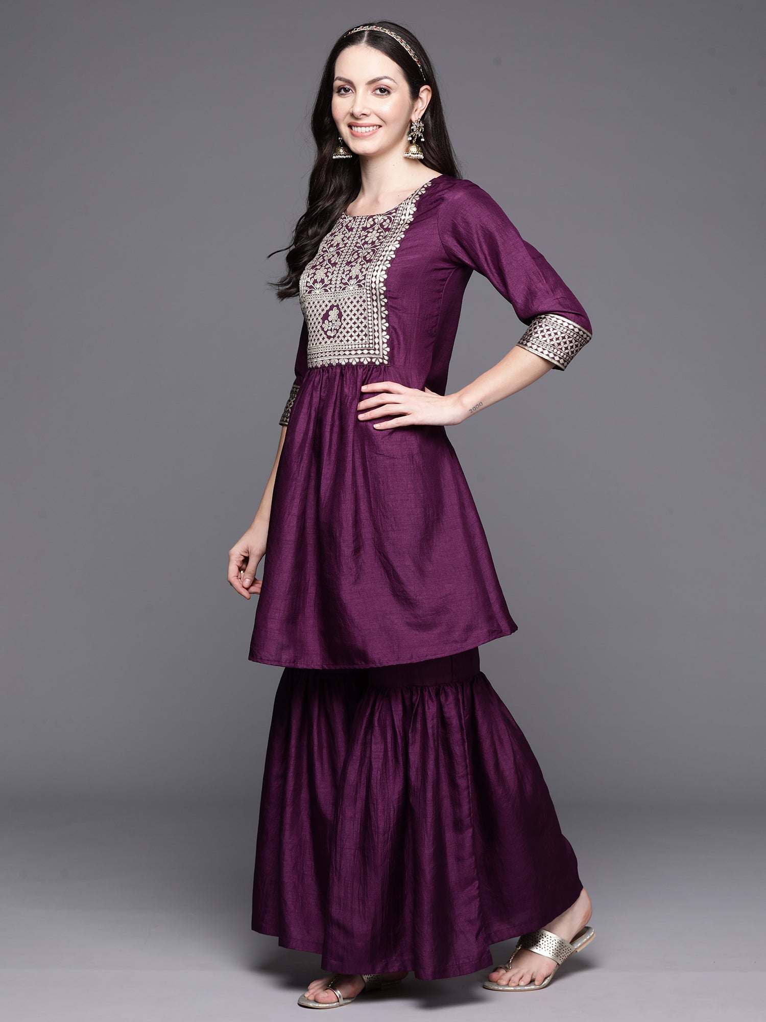 Women's Purple Polyester Kurta Set - Taantav