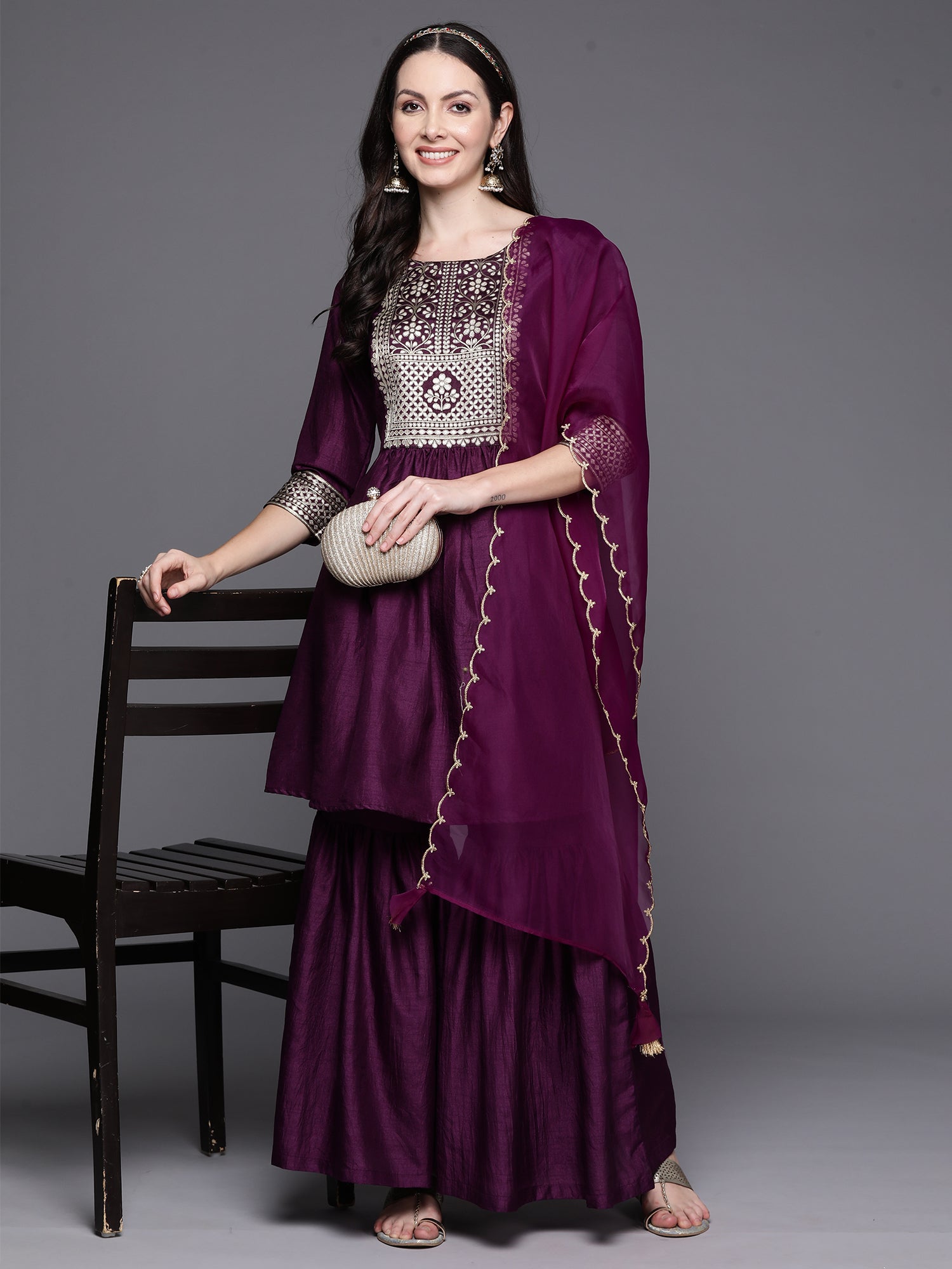 Women's Purple Polyester Kurta Set - Taantav