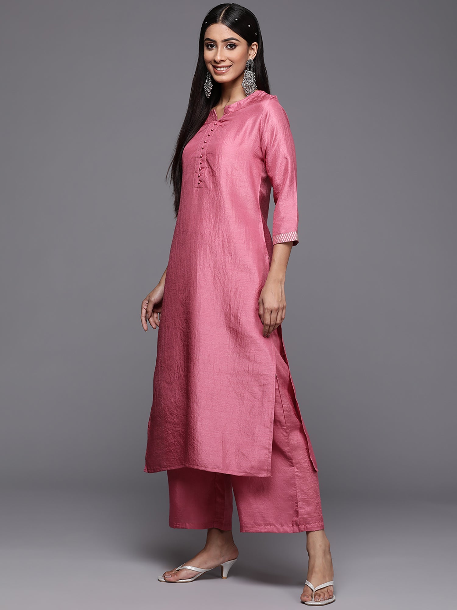 Women's Pink Polyester Kurta Set - Taantav