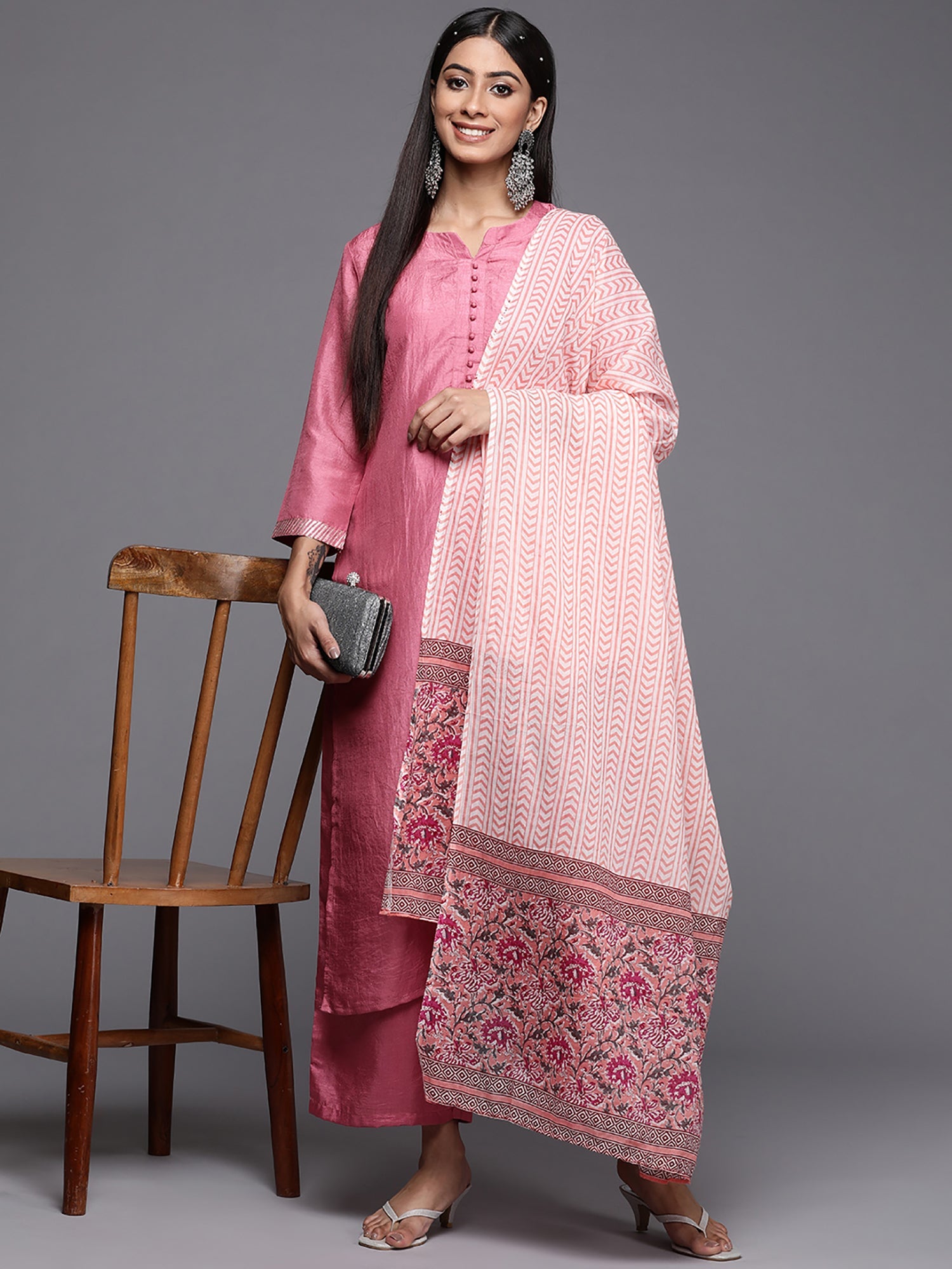 Women's Pink Polyester Kurta Set - Taantav