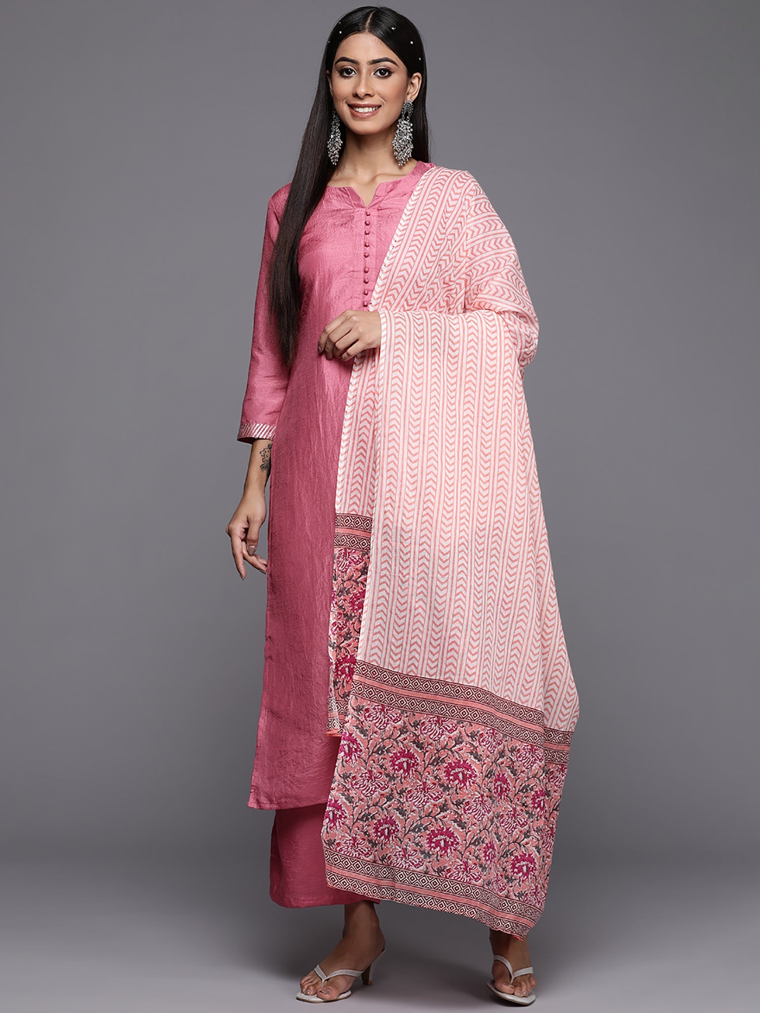 Women's Pink Polyester Kurta Set - Taantav