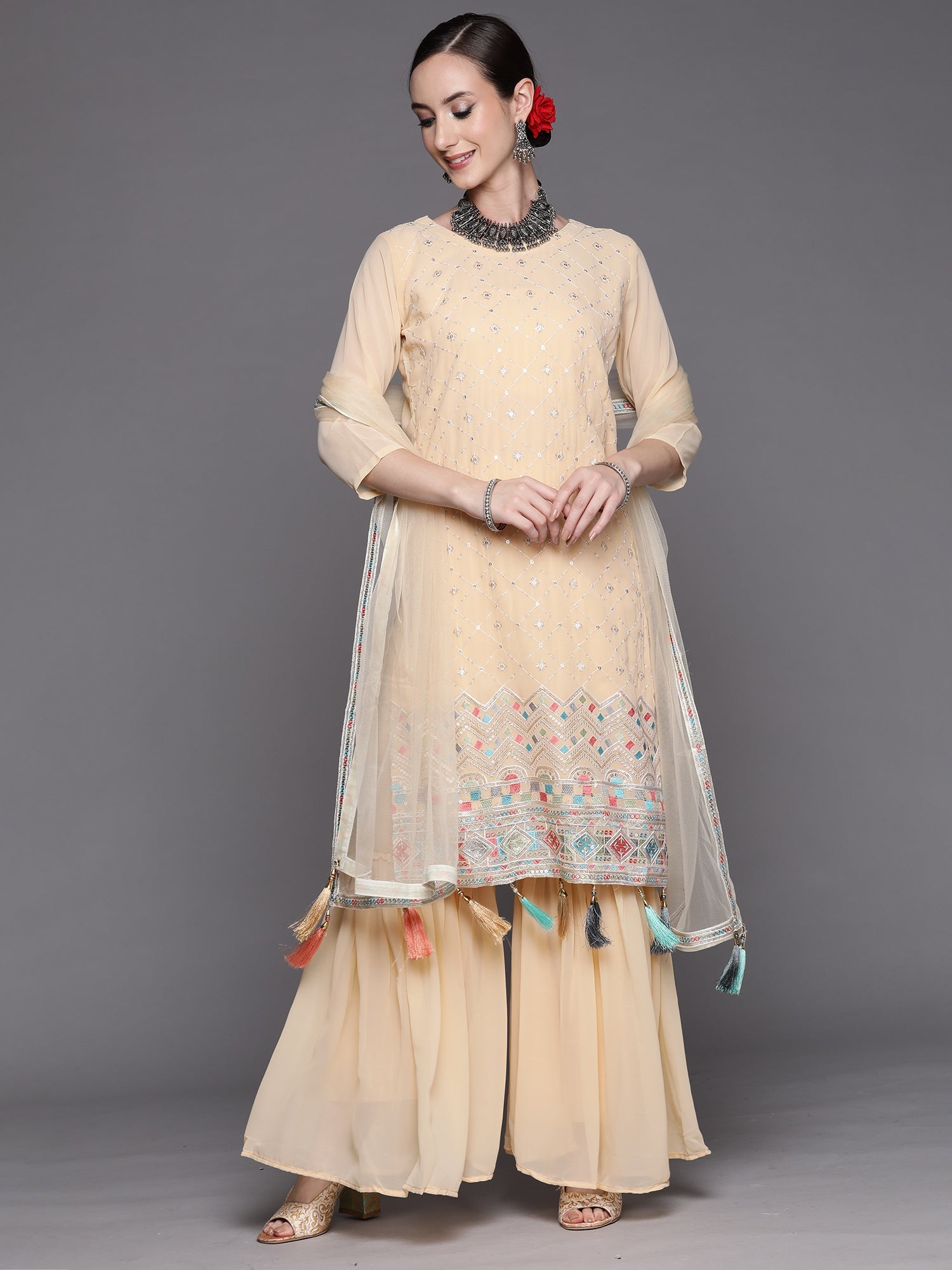 Women's Beige Poly Georgette Kurta Set - Taantav