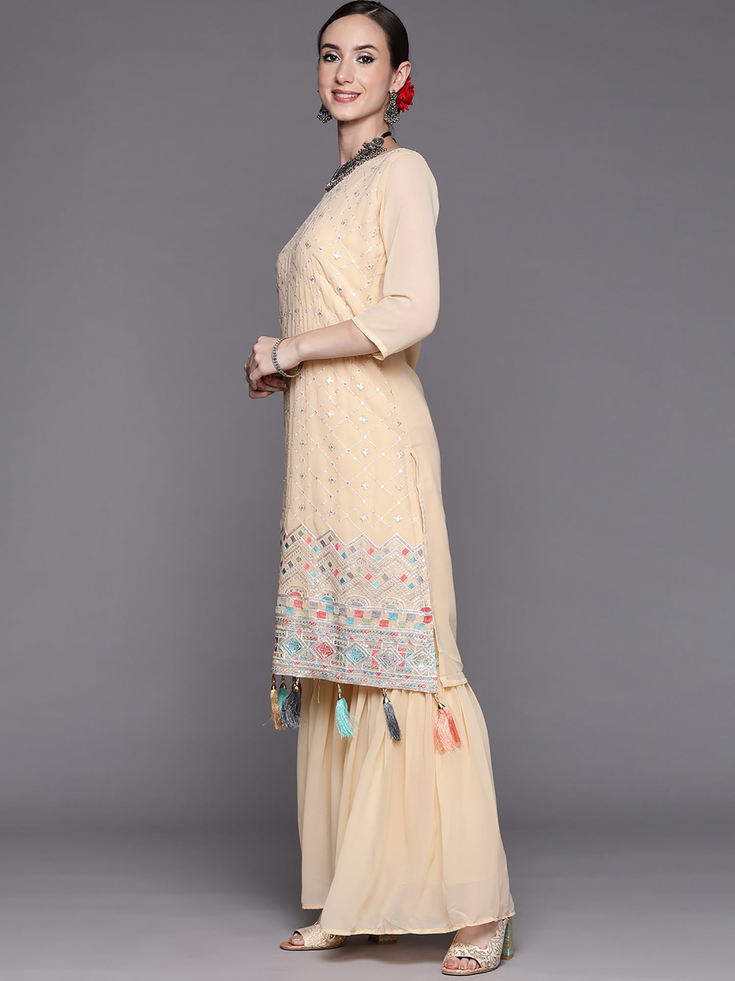 Women's Beige Poly Georgette Kurta Set - Taantav