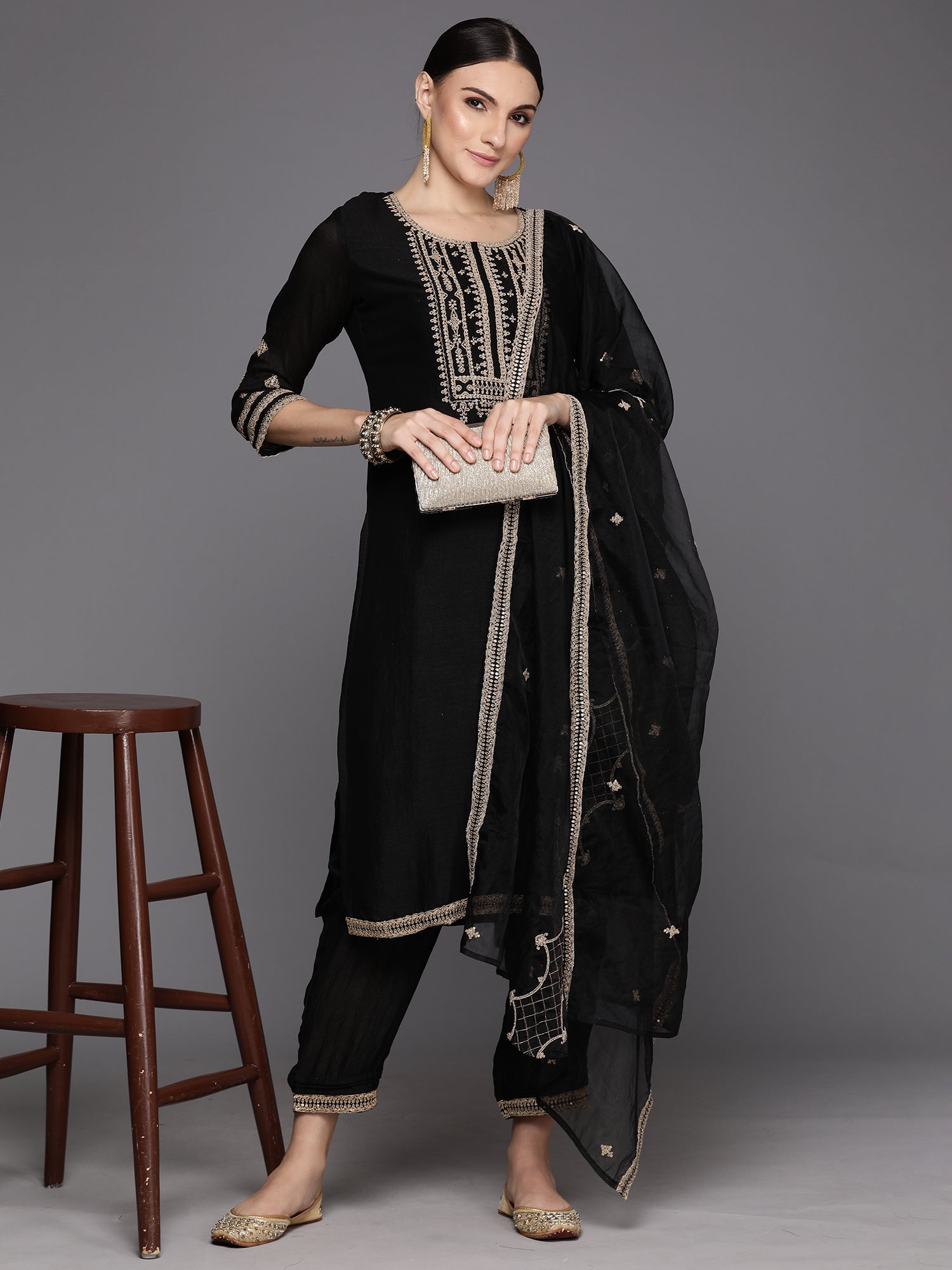 Women's Black Silk Blend Kurta Set - Taantav