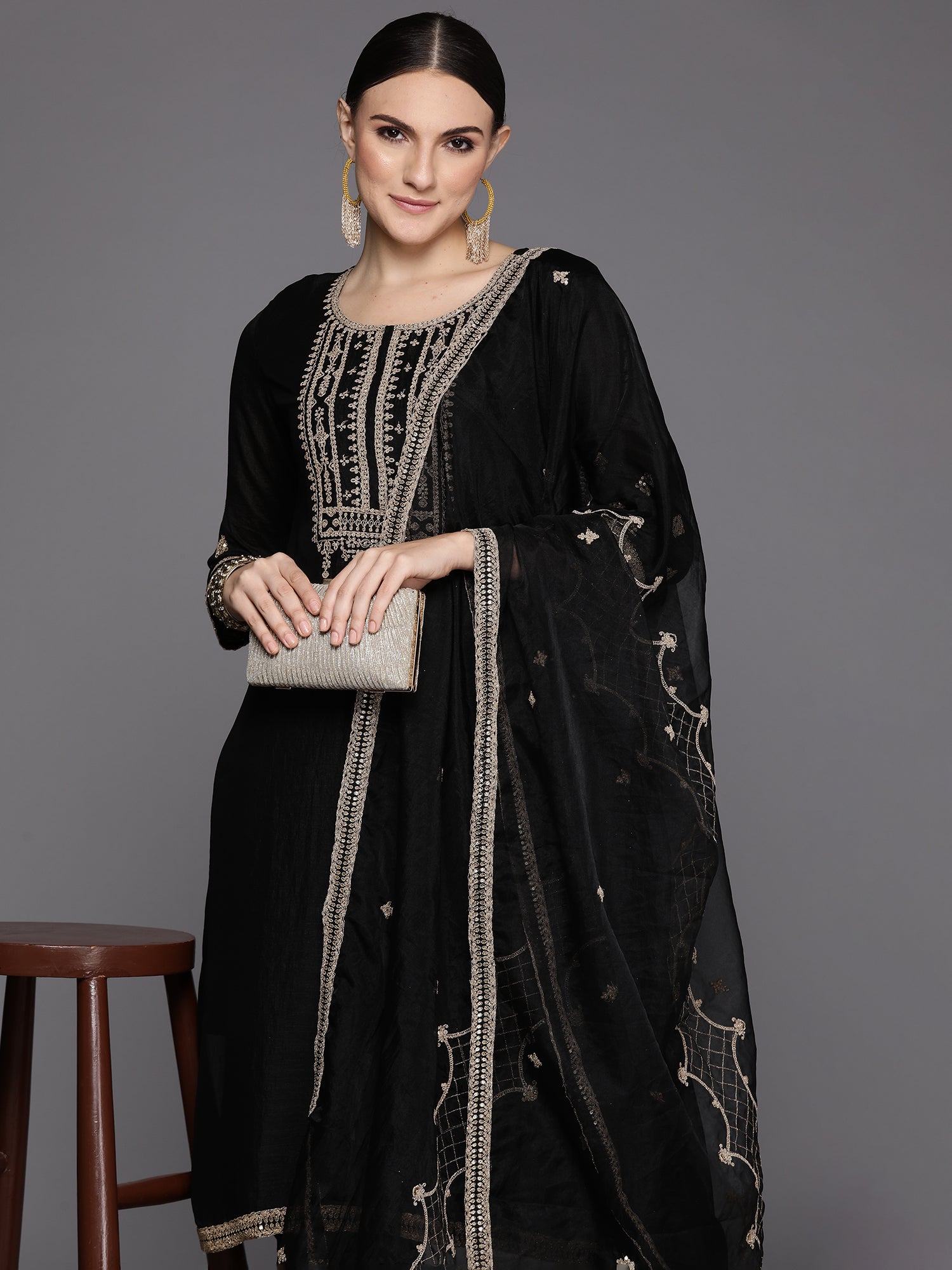 Women's Black Silk Blend Kurta Set - Taantav