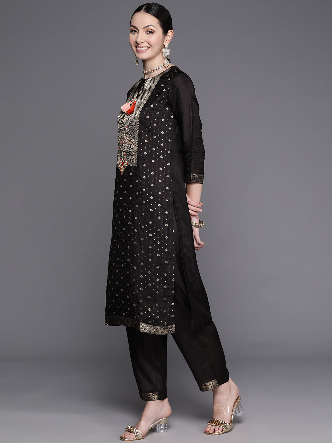 Women's Black Silk Blend Kurta Set - Taantav