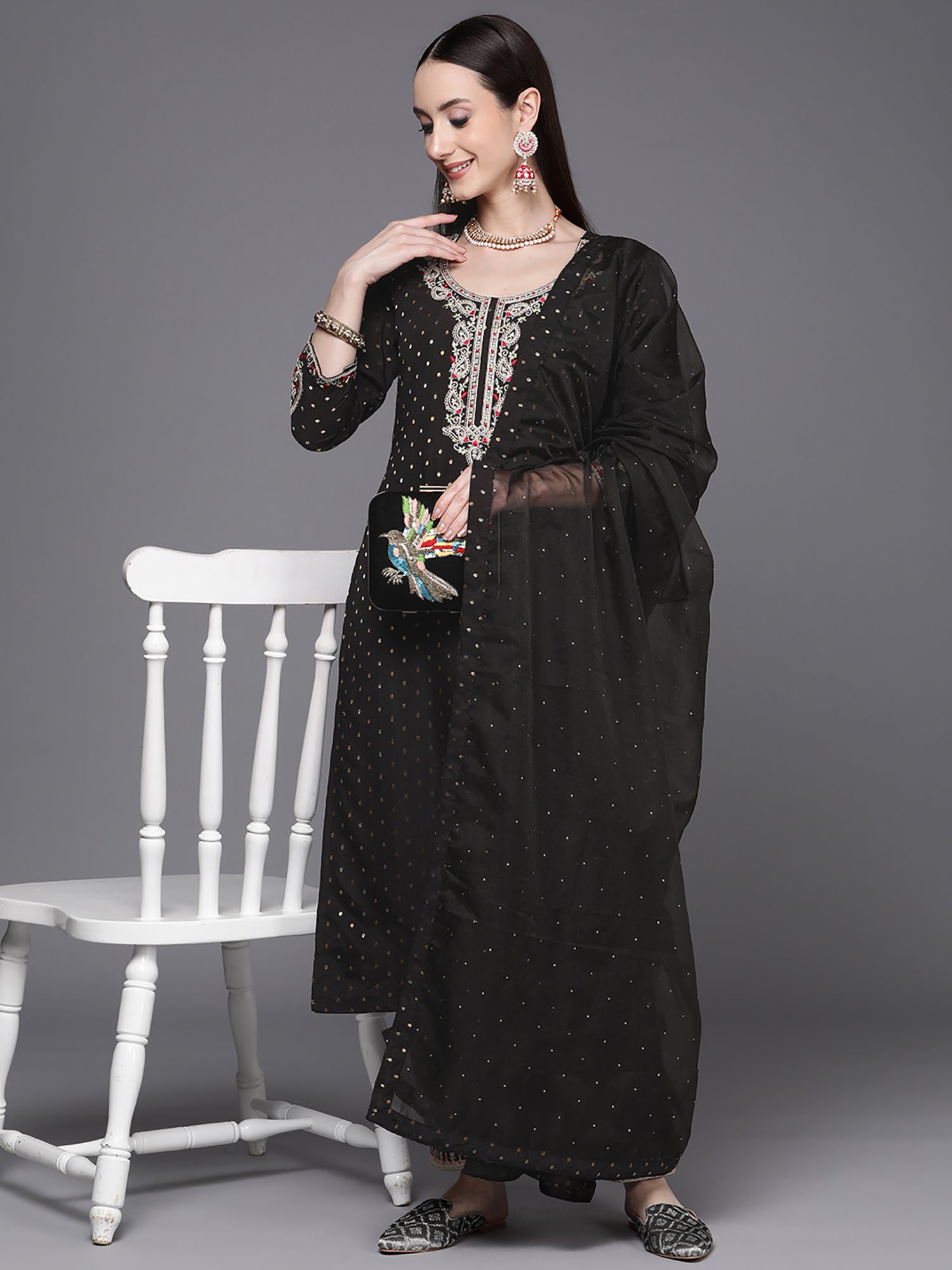 Women's Black Chanderi Silk Kurta Set - Taantav