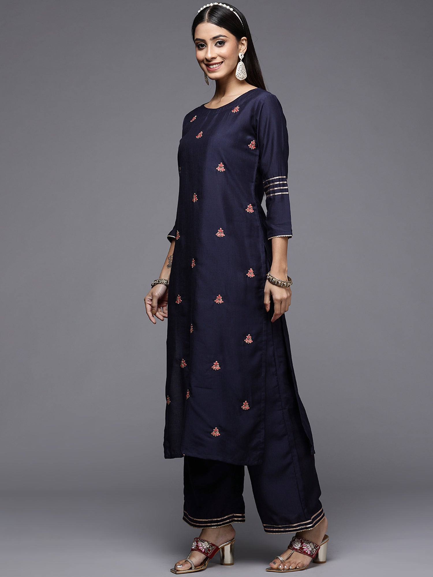 Women's Navy Blue Polyester Kurta Set - Taantav