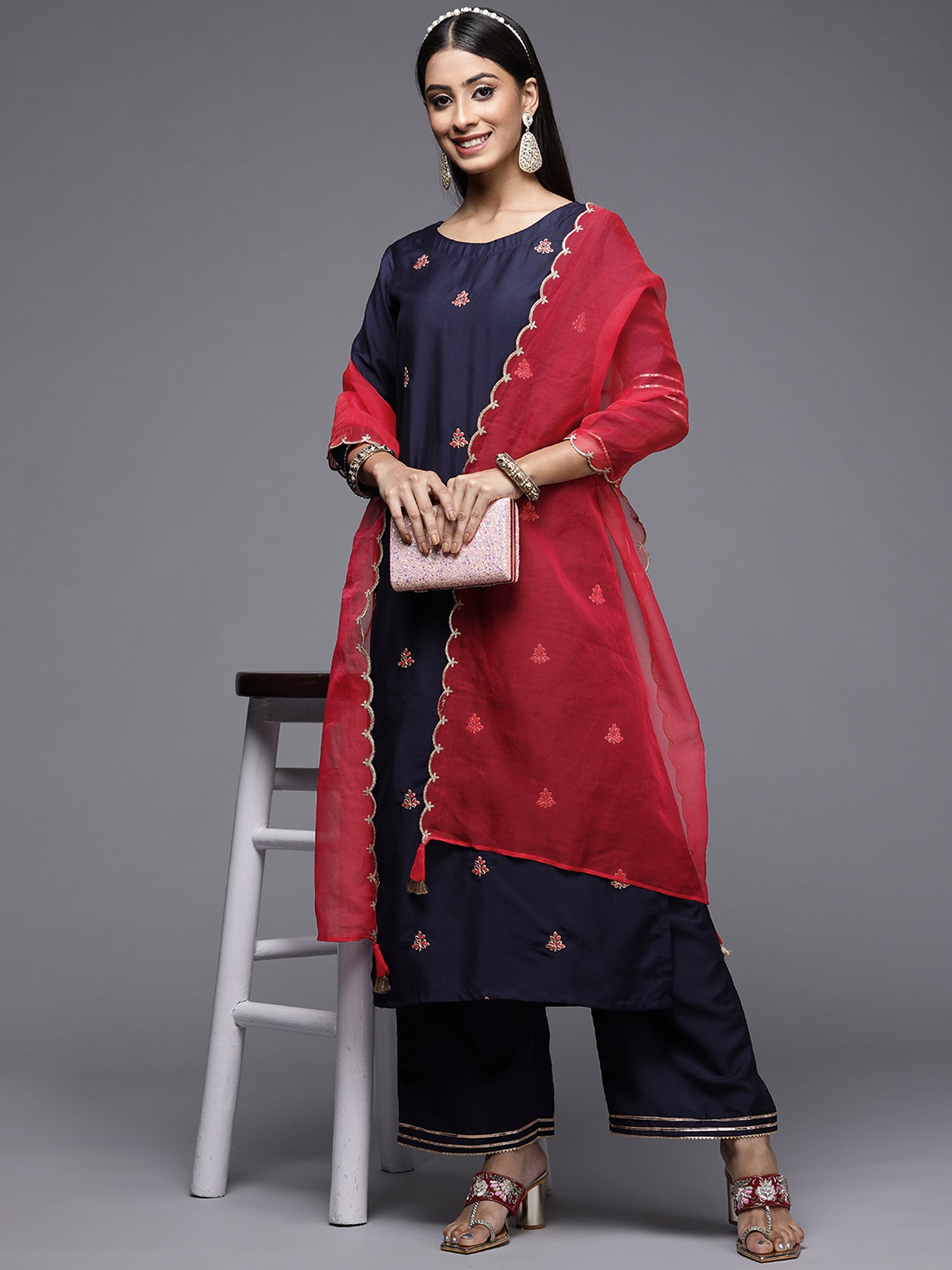 Women's Navy Blue Polyester Kurta Set - Taantav