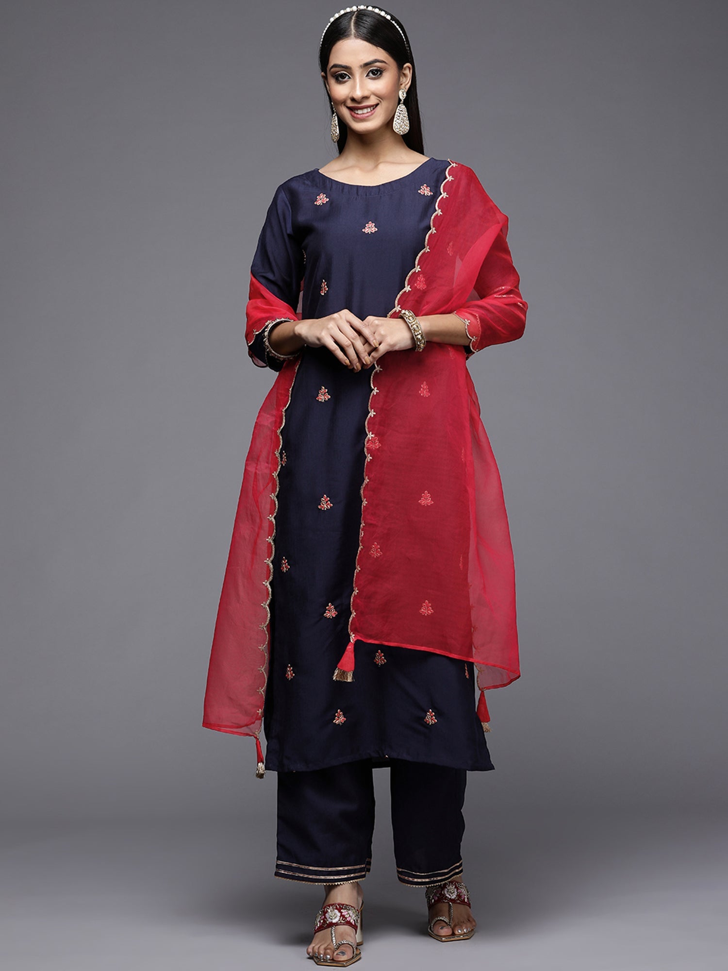 Women's Navy Blue Polyester Kurta Set - Taantav