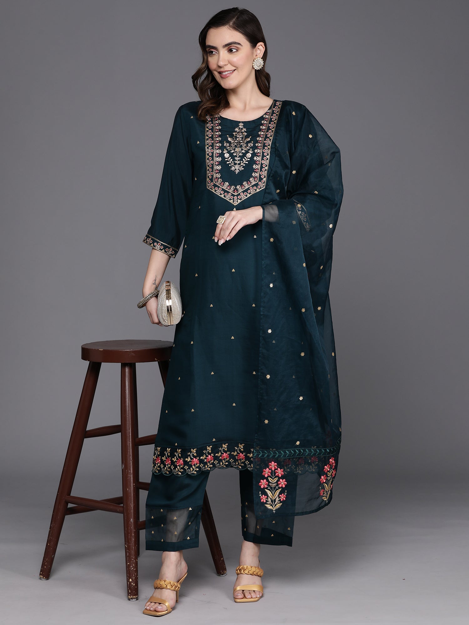 Women's Blue Poly Silk Kurta Set - Taantav