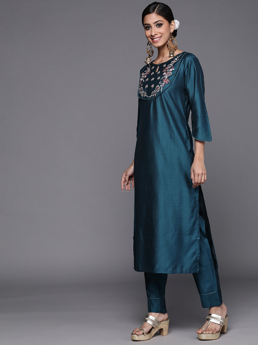 Women's Teal Polyester Kurta Set - Taantav