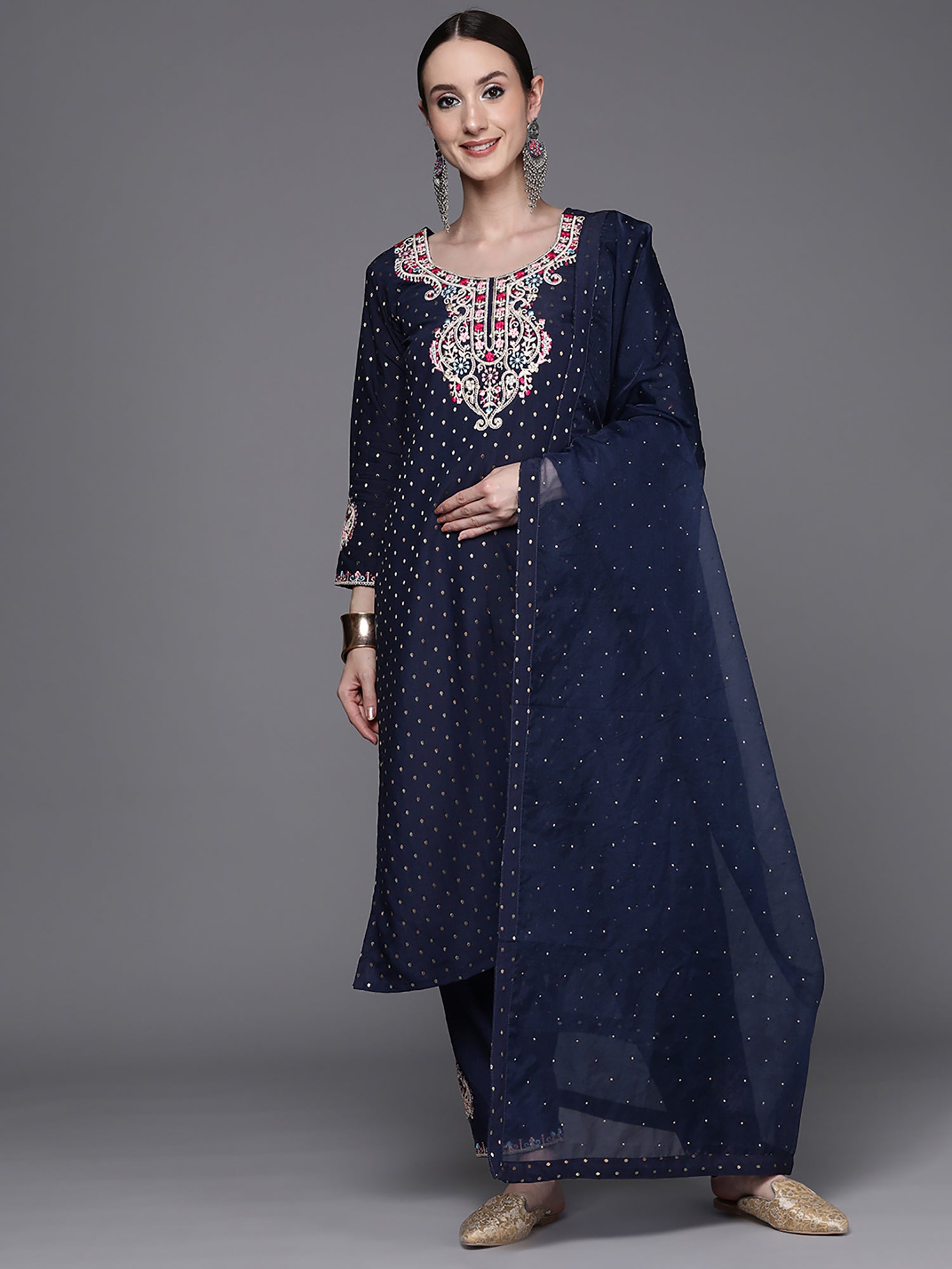 Women's Navy Blue Chanderi Silk Kurta Set - Taantav