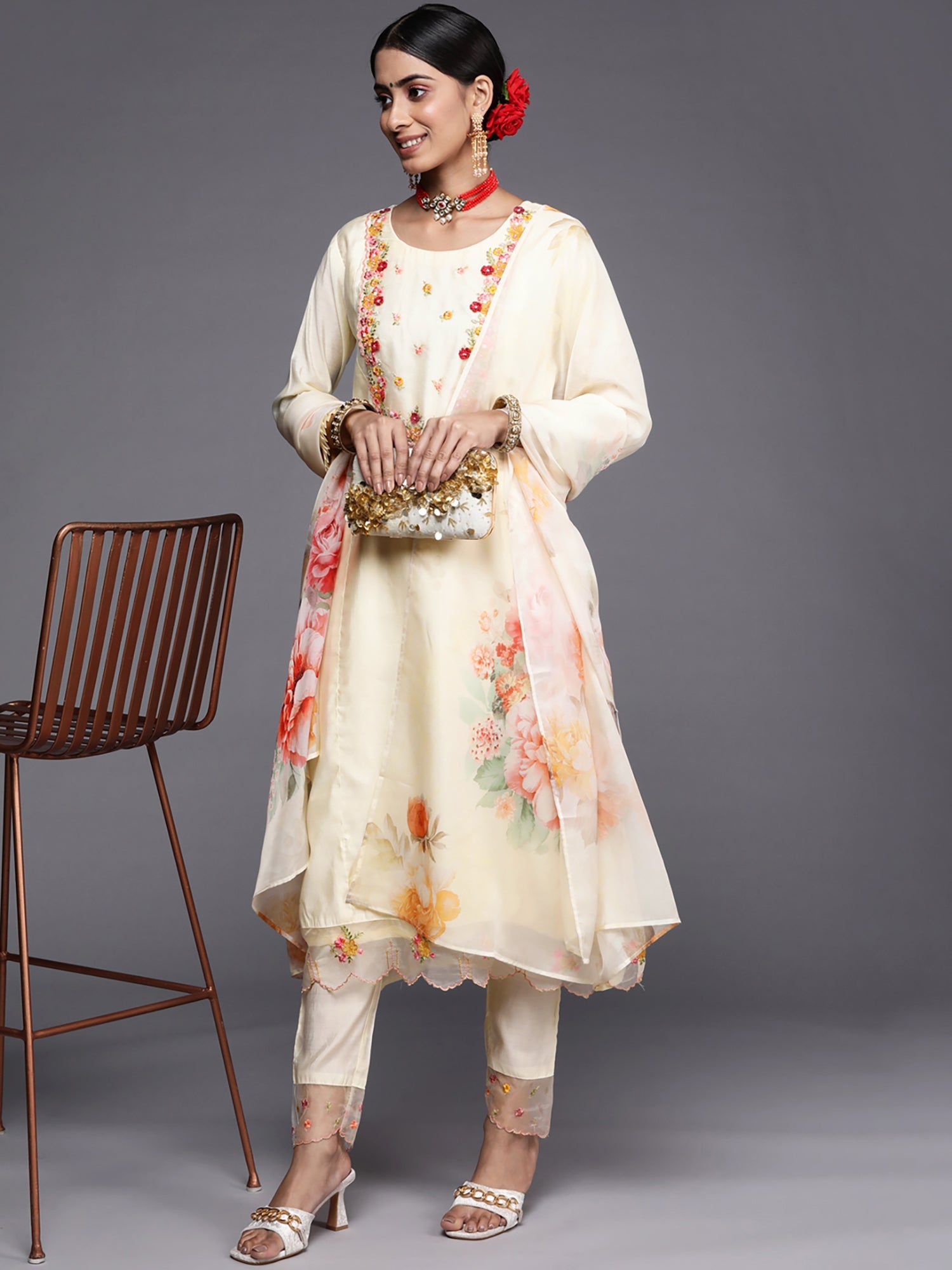 Women's Cream Chanderi Cotton Kurta Set - Taantav