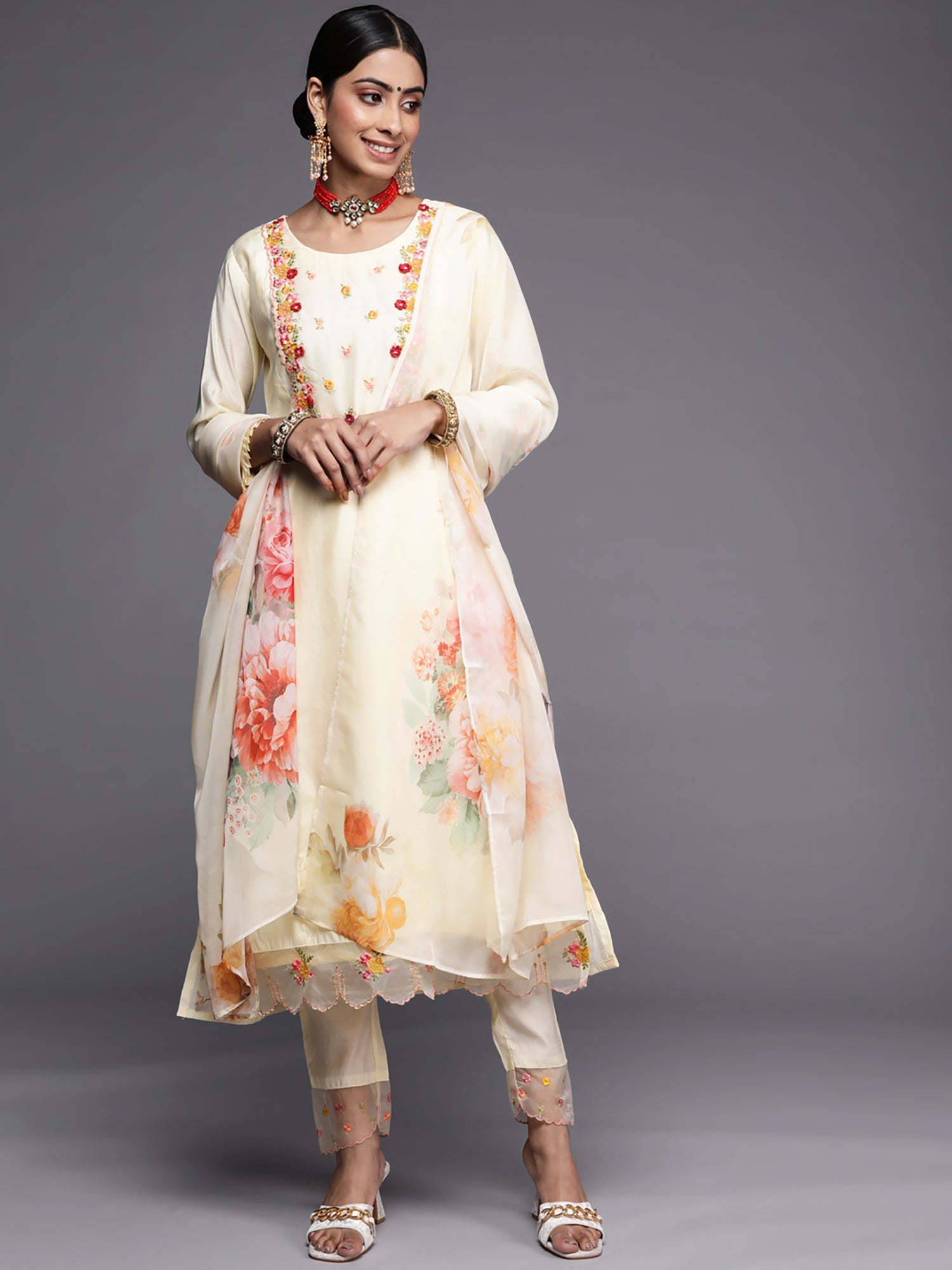 Women's Cream Chanderi Cotton Kurta Set - Taantav