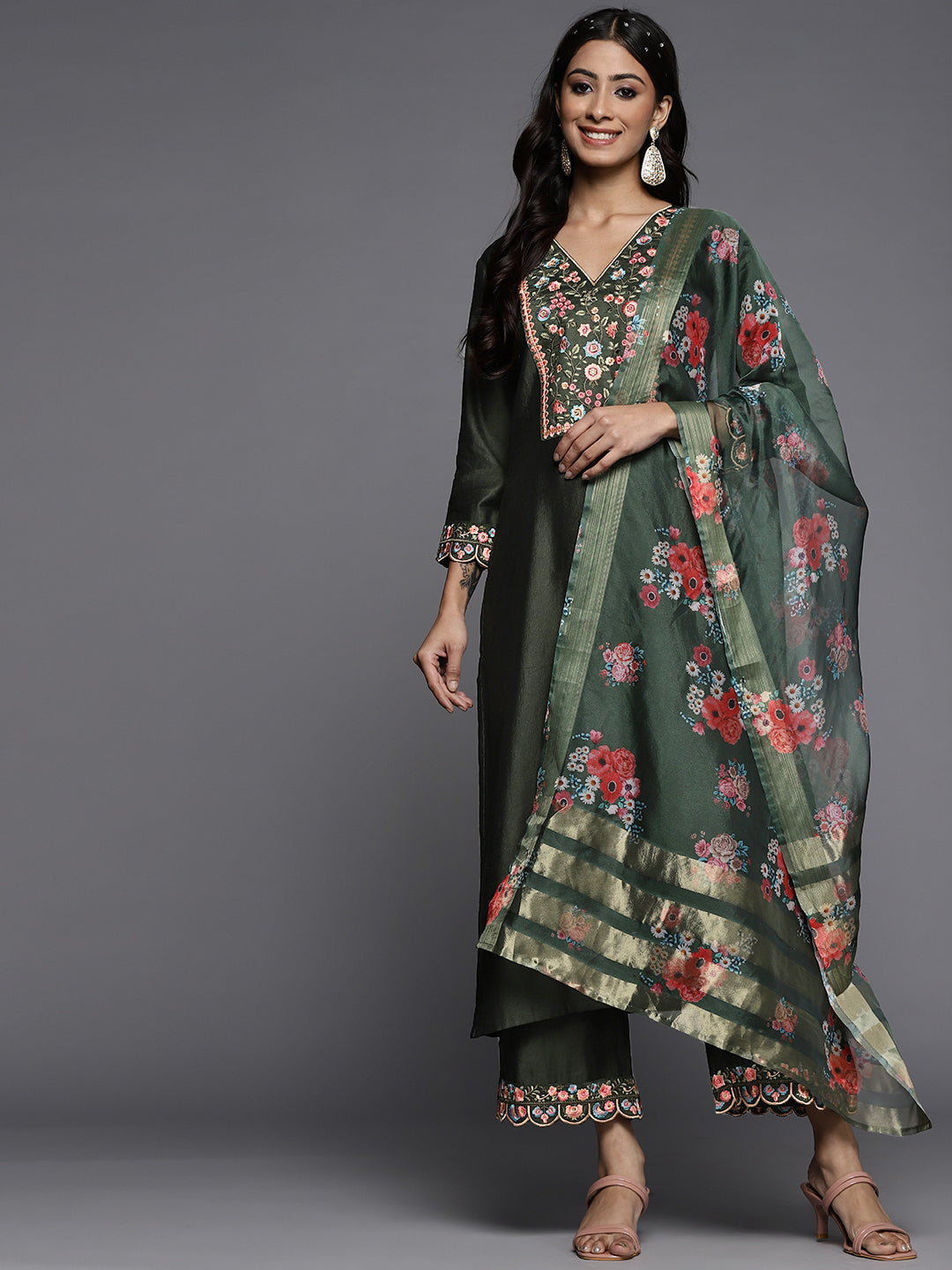 Women's Green Liva Kurta Set - Taantav