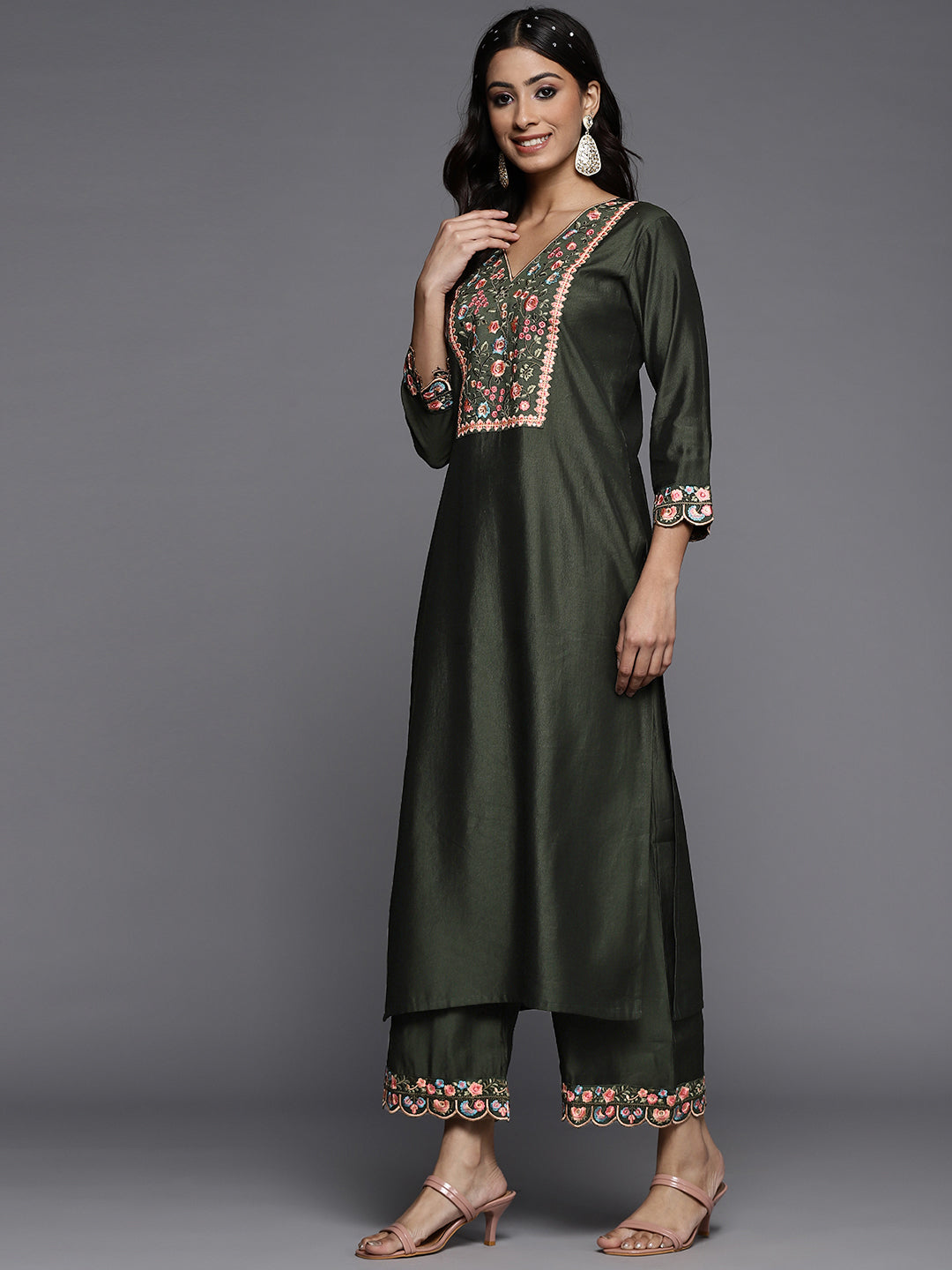 Women's Green Liva Kurta Set - Taantav