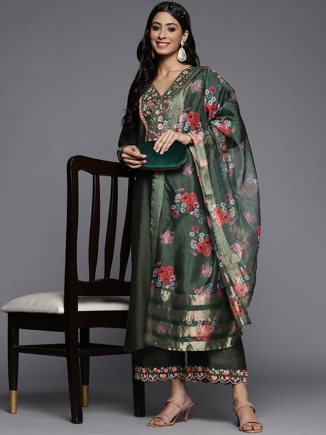 Women's Green Liva Kurta Set - Taantav