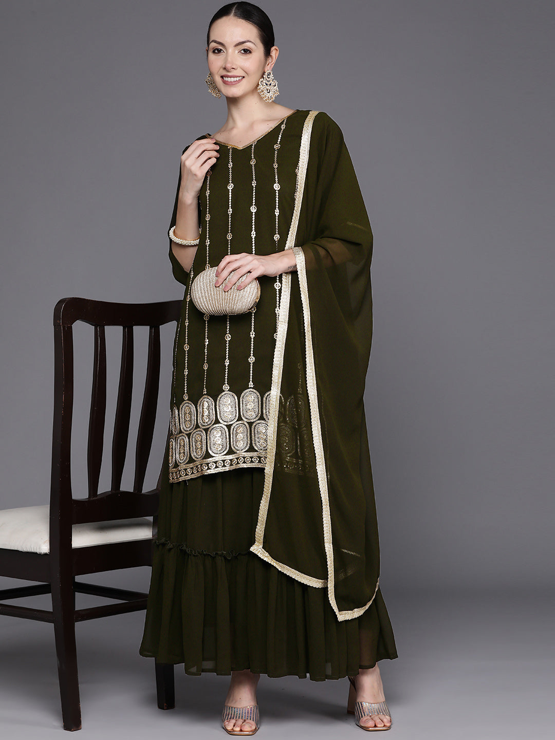 Women's Green Poly Georgette Kurta Set - Taantav