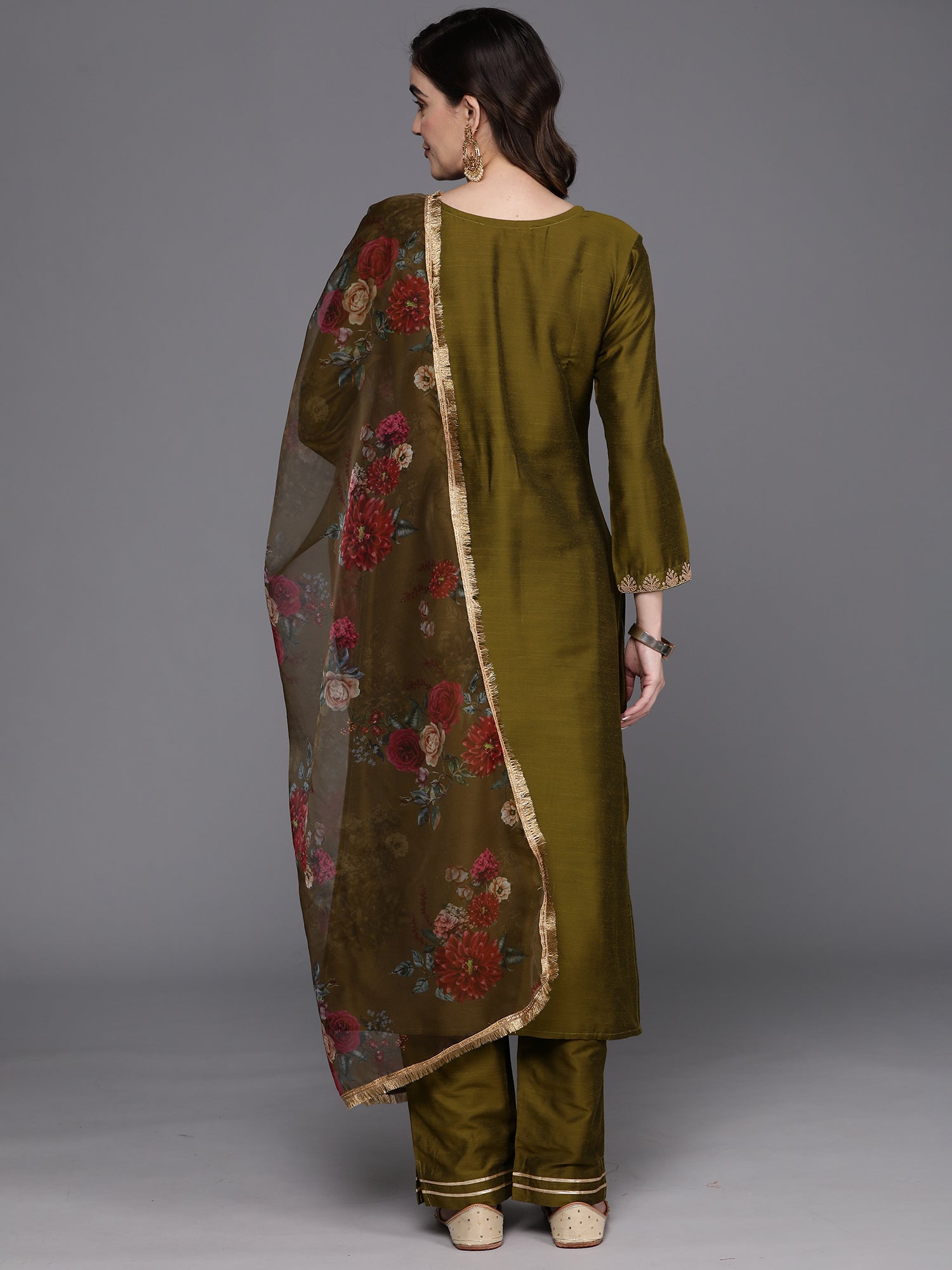 Women's Olive Chanderi Silk Kurta Set - Taantav