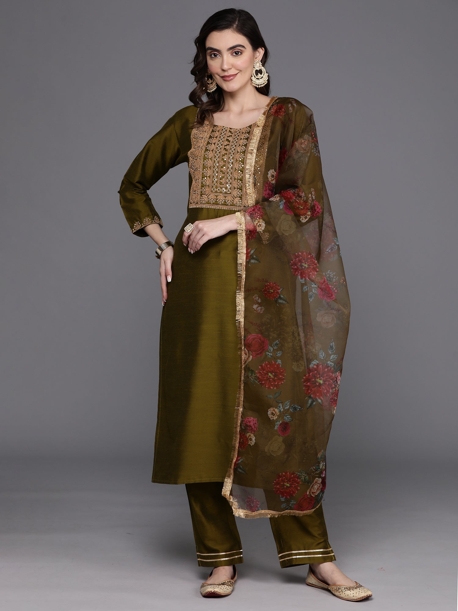 Women's Olive Chanderi Silk Kurta Set - Taantav