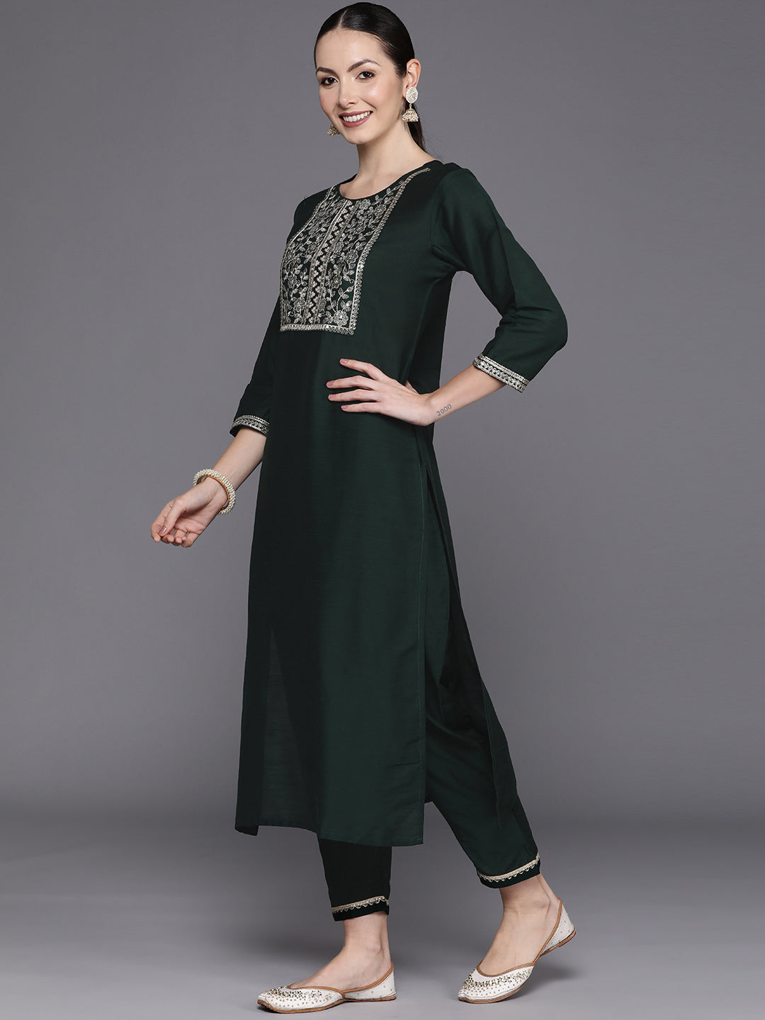 Women's Green Chanderi Silk Kurta Set - Taantav