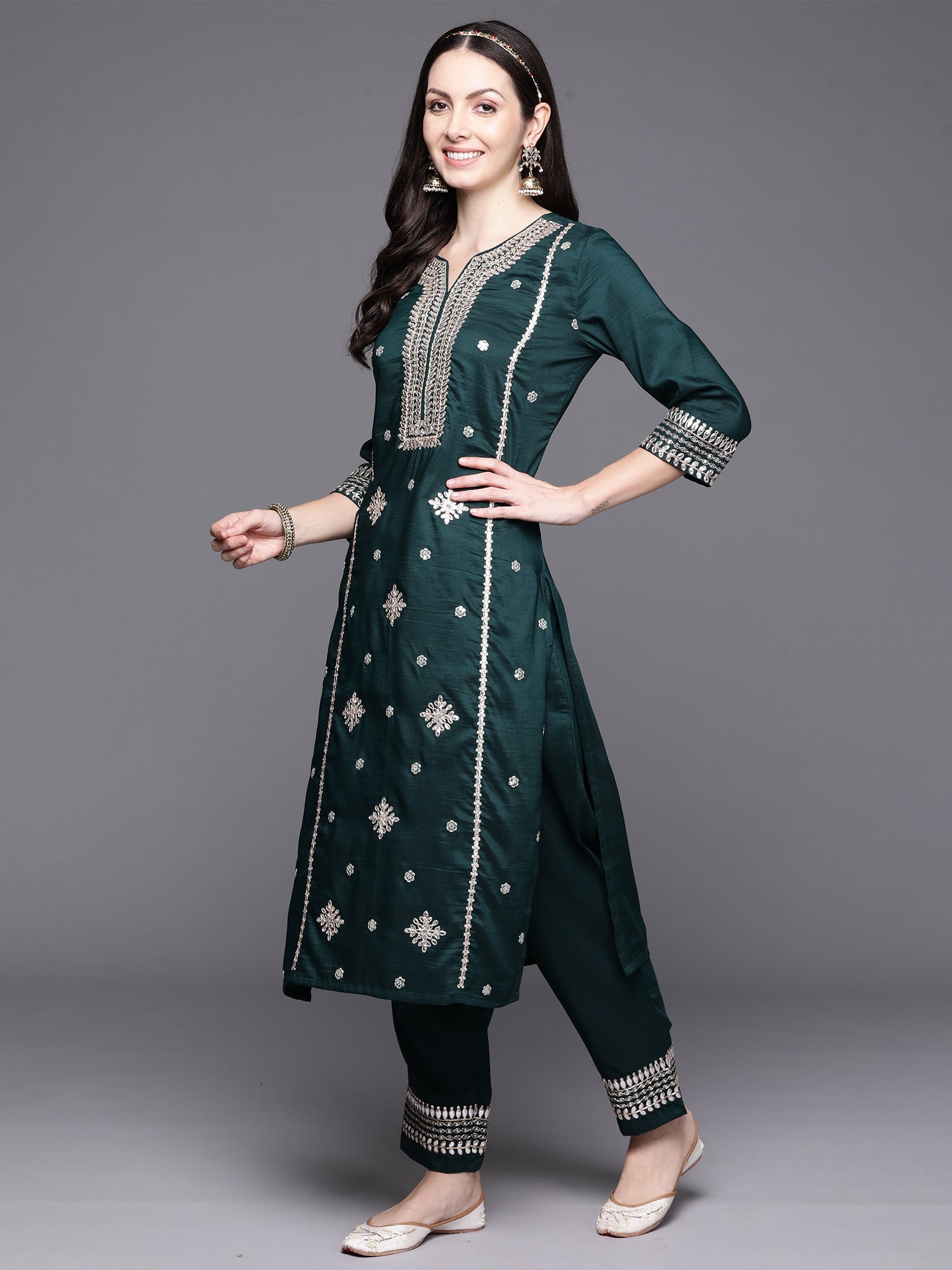 Women's Green Poly Silk Kurta Set - Taantav