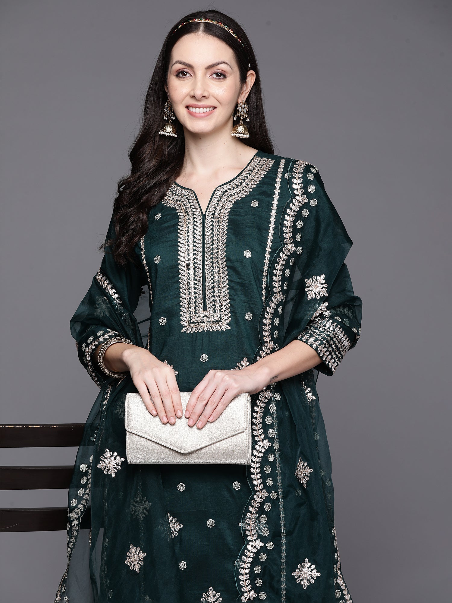 Women's Green Poly Silk Kurta Set - Taantav