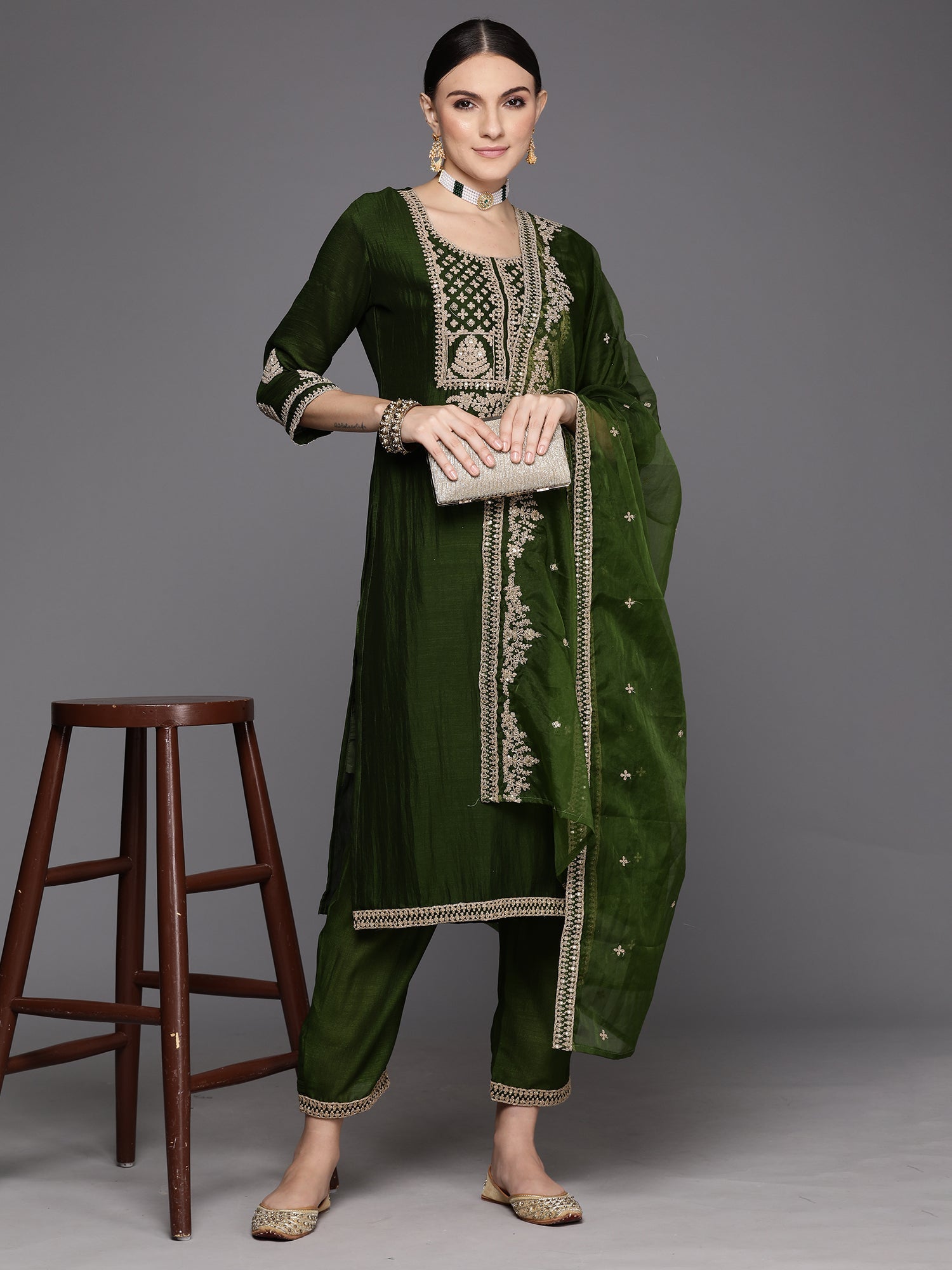 Women's Green Silk Blend Kurta Set - Taantav