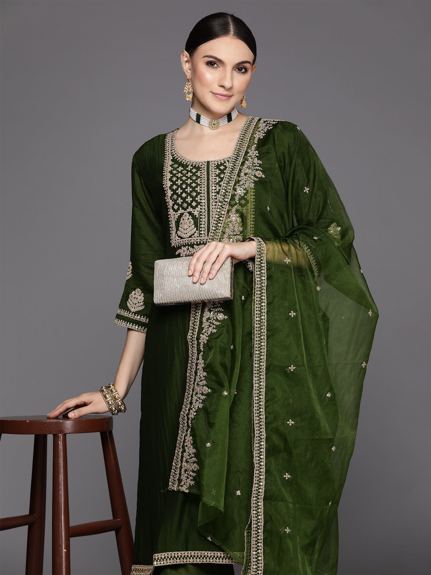 Women's Green Silk Blend Kurta Set - Taantav