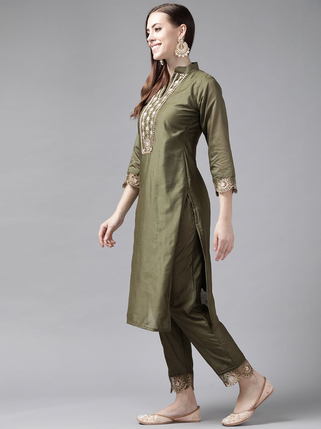 Women's Olive Tussar Silk Kurta Set - Taantav