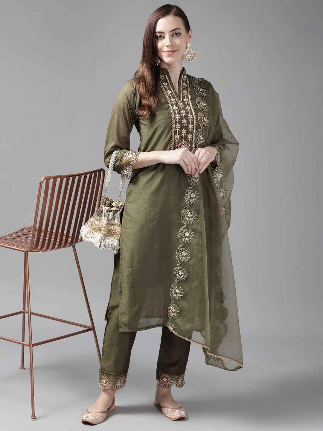 Women's Olive Tussar Silk Kurta Set - Taantav