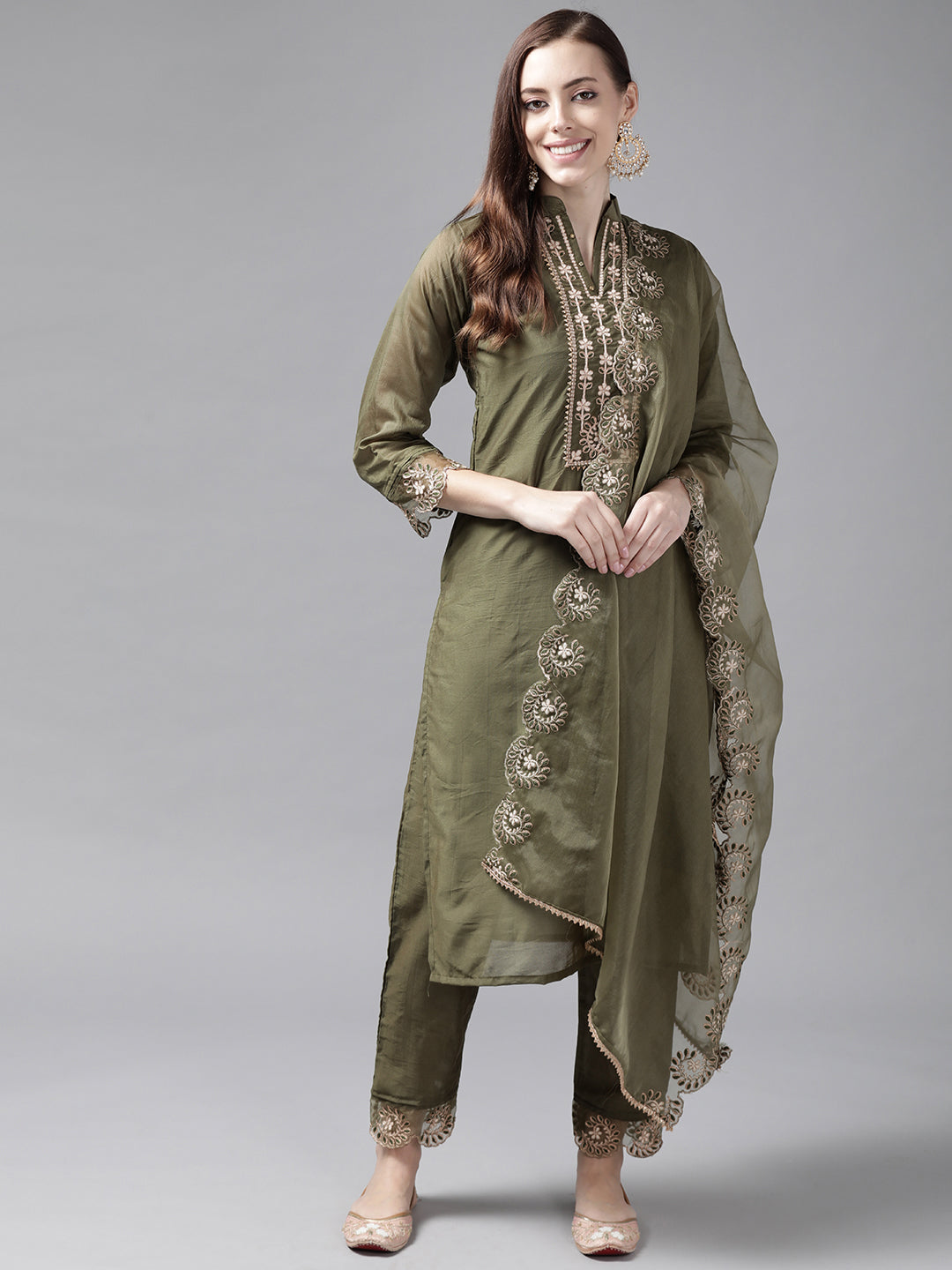 Women's Olive Tussar Silk Kurta Set - Taantav