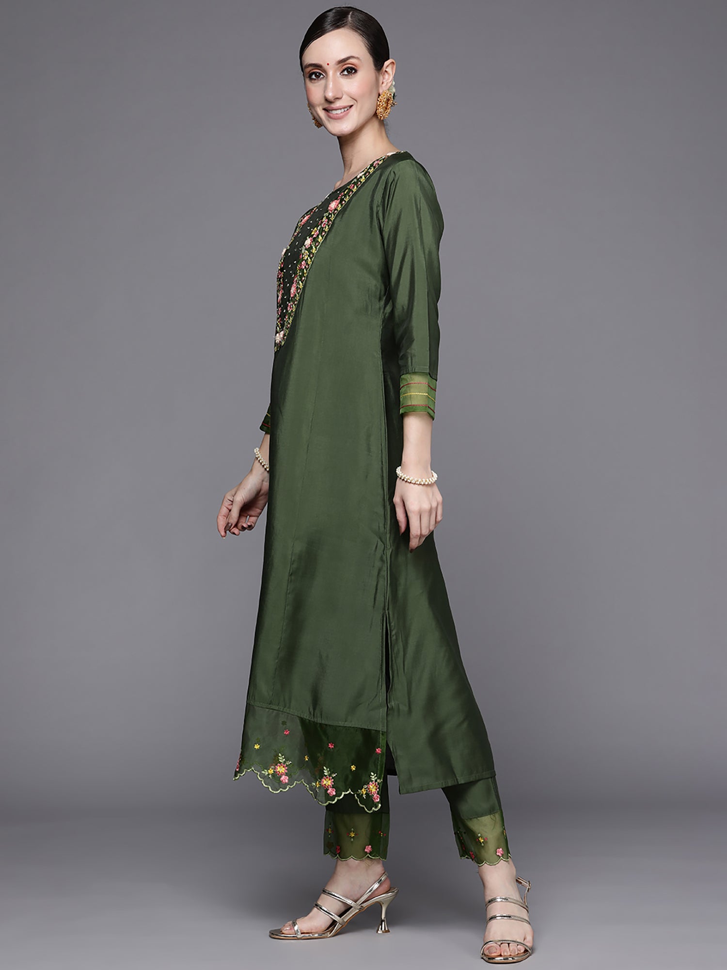 Women's Green Chanderi Cotton Kurta Set - Taantav