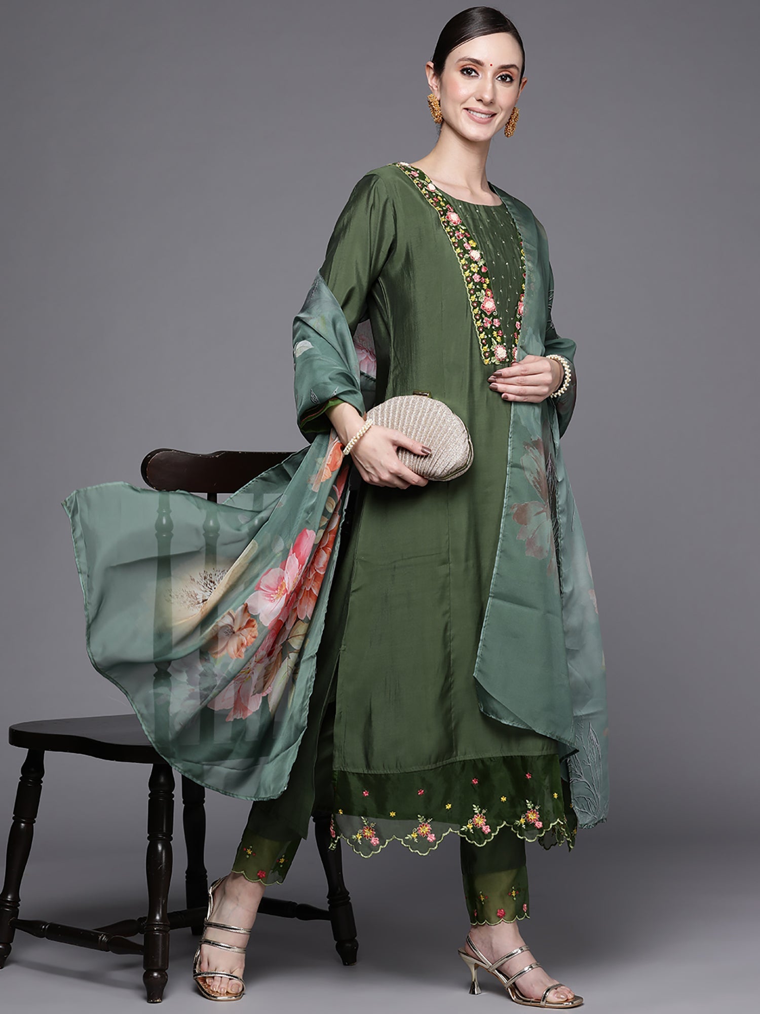 Women's Green Chanderi Cotton Kurta Set - Taantav