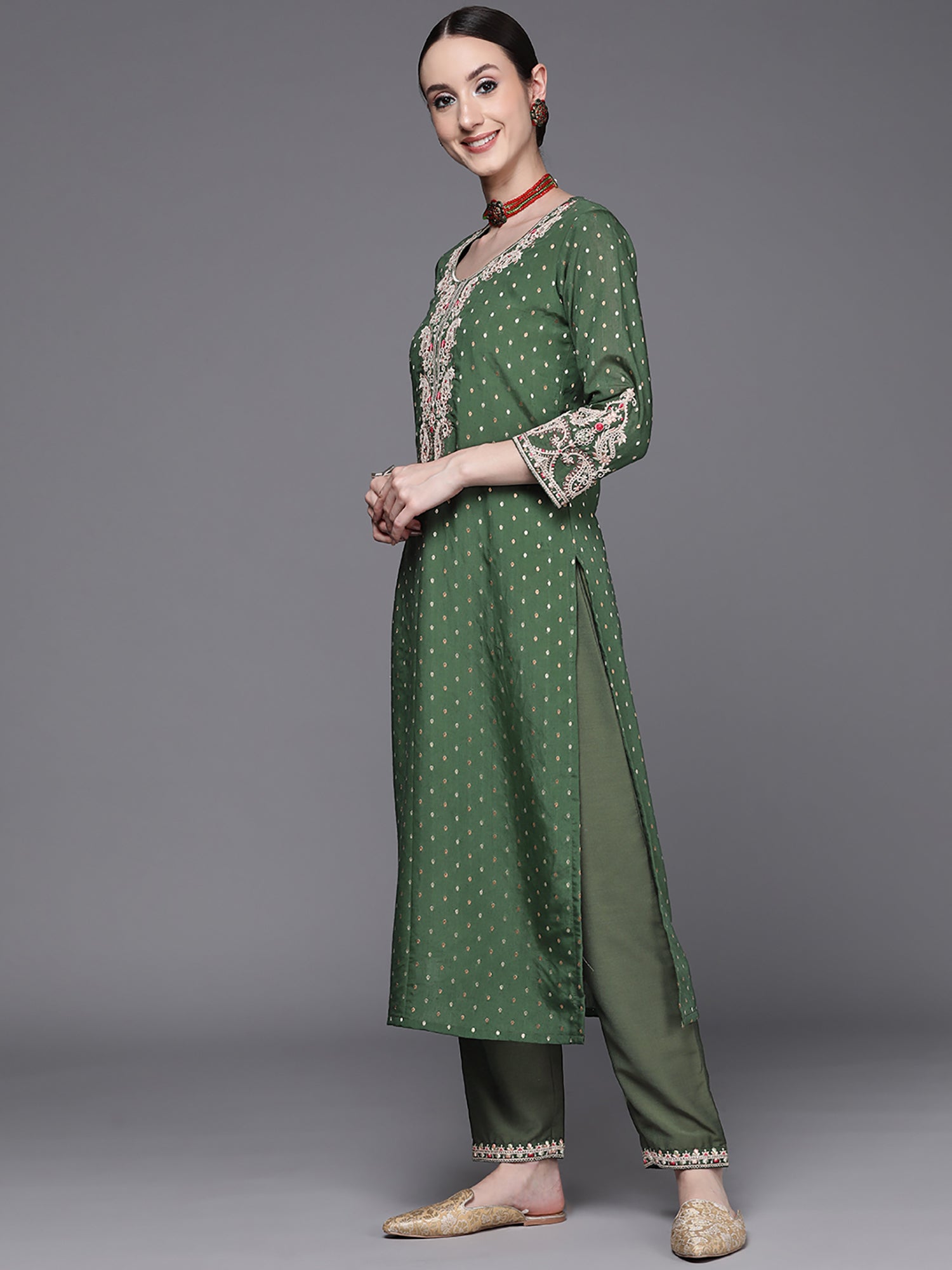 Women's Green Chanderi Silk Kurta Set - Taantav