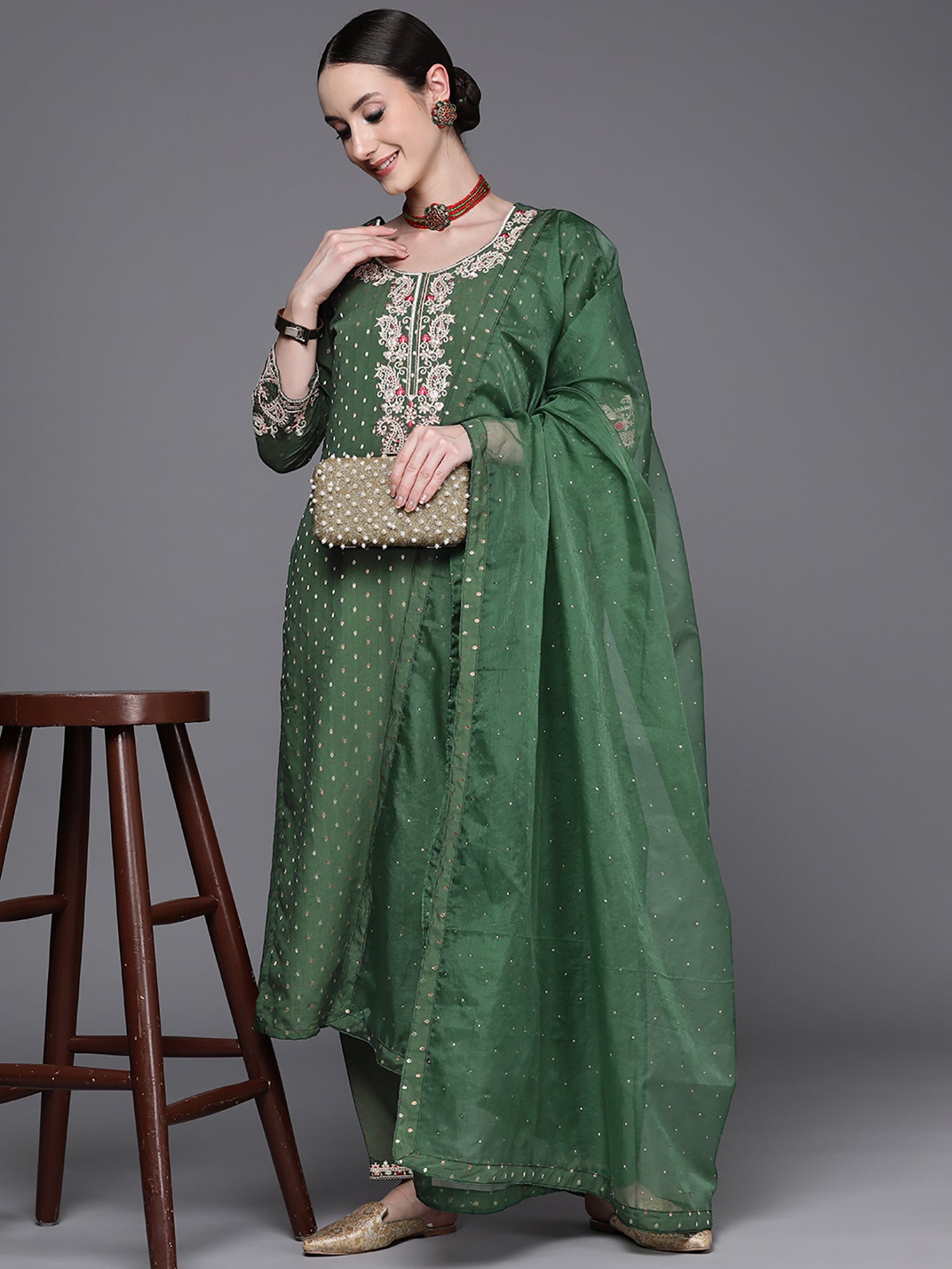 Women's Green Chanderi Silk Kurta Set - Taantav