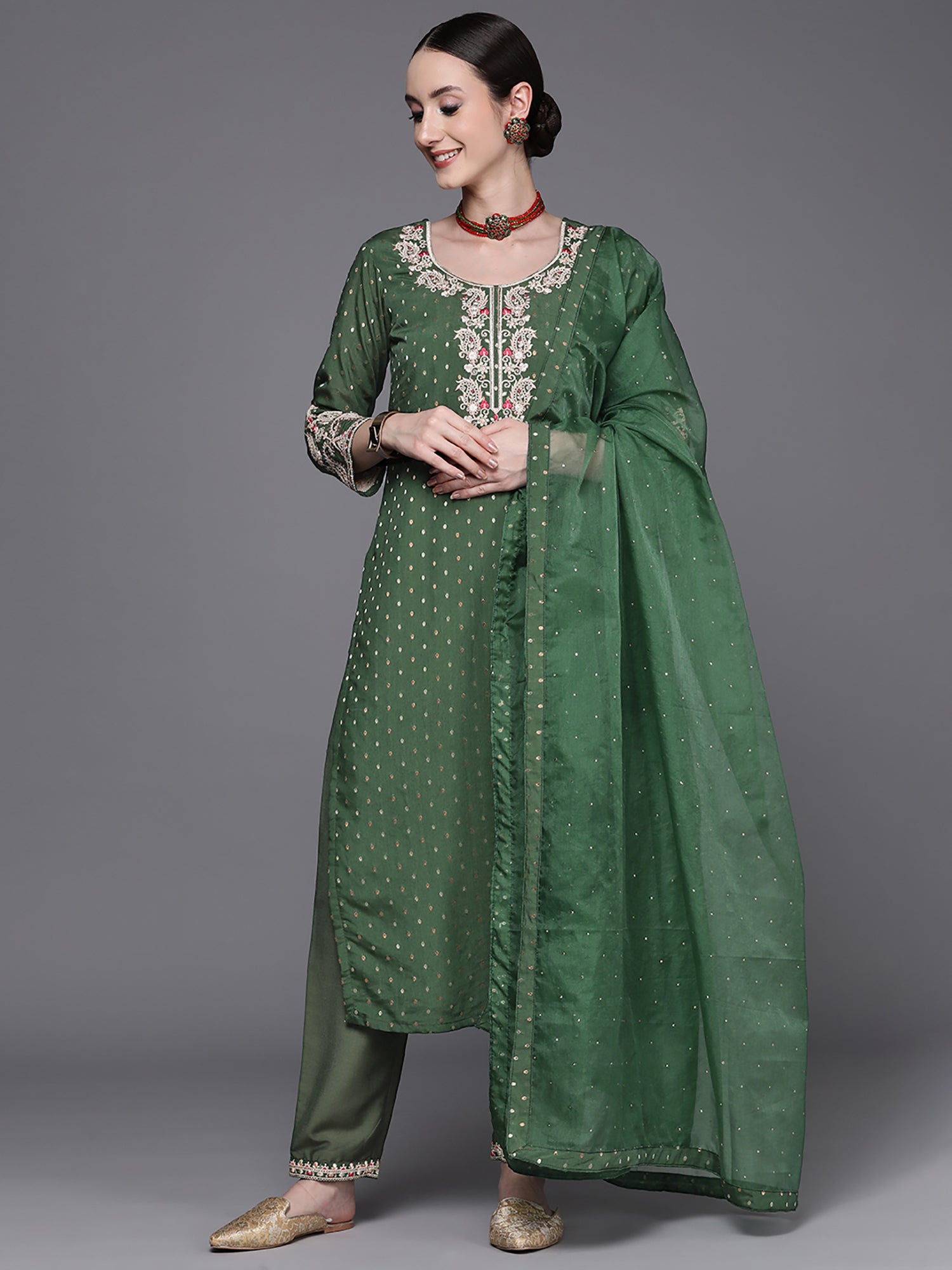 Women's Green Chanderi Silk Kurta Set - Taantav