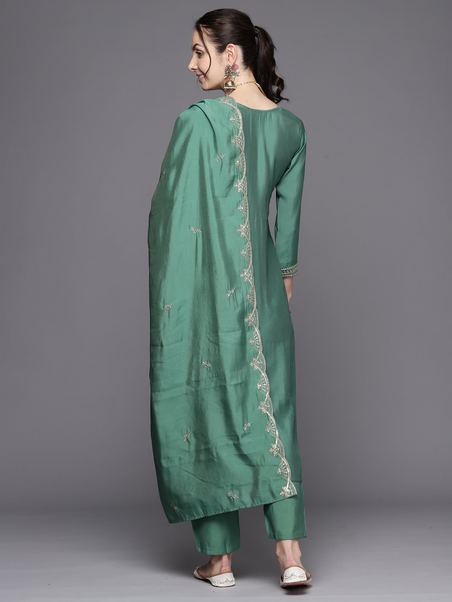 Women's Green Poly Silk Kurta Set - Taantav