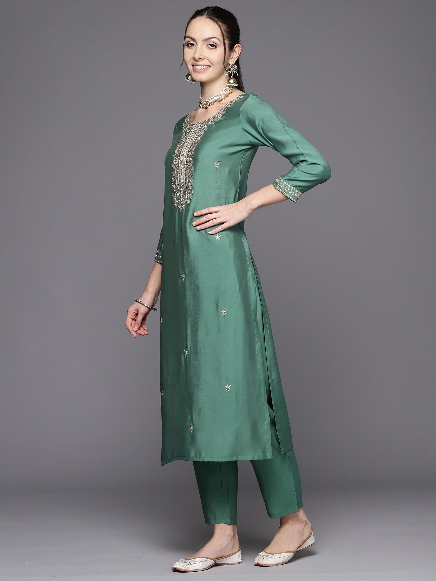 Women's Green Poly Silk Kurta Set - Taantav