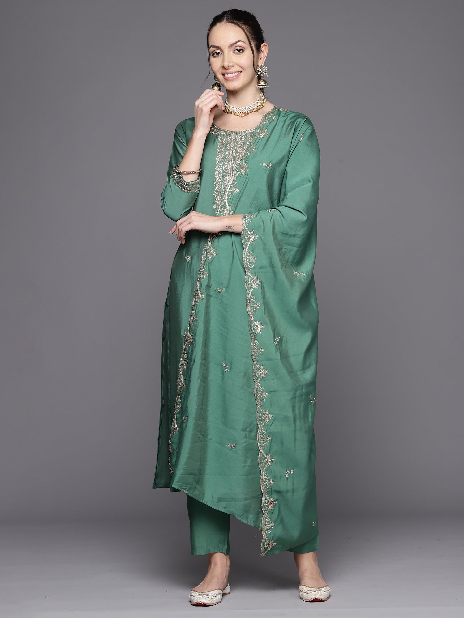 Women's Green Poly Silk Kurta Set - Taantav