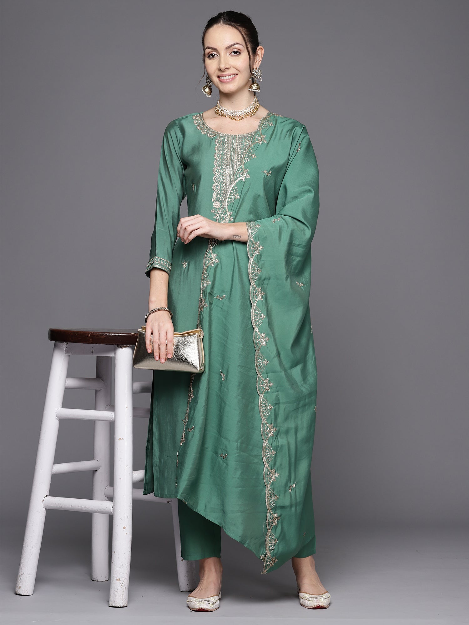 Women's Green Poly Silk Kurta Set - Taantav