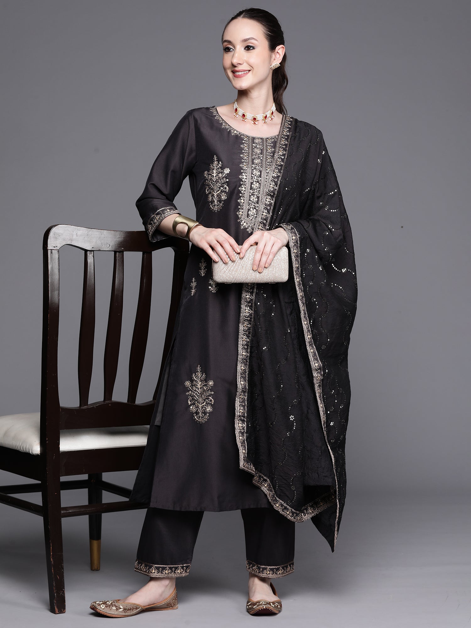 Women's Grey Cotton Blend Kurta Set - Taantav