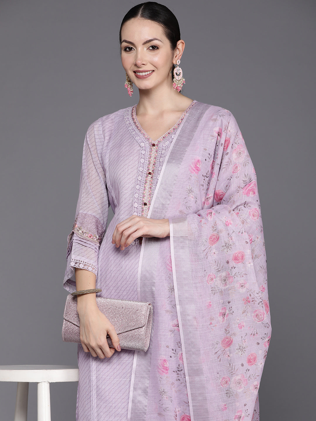 Women's Lavender Linen Kurta Set - Taantav