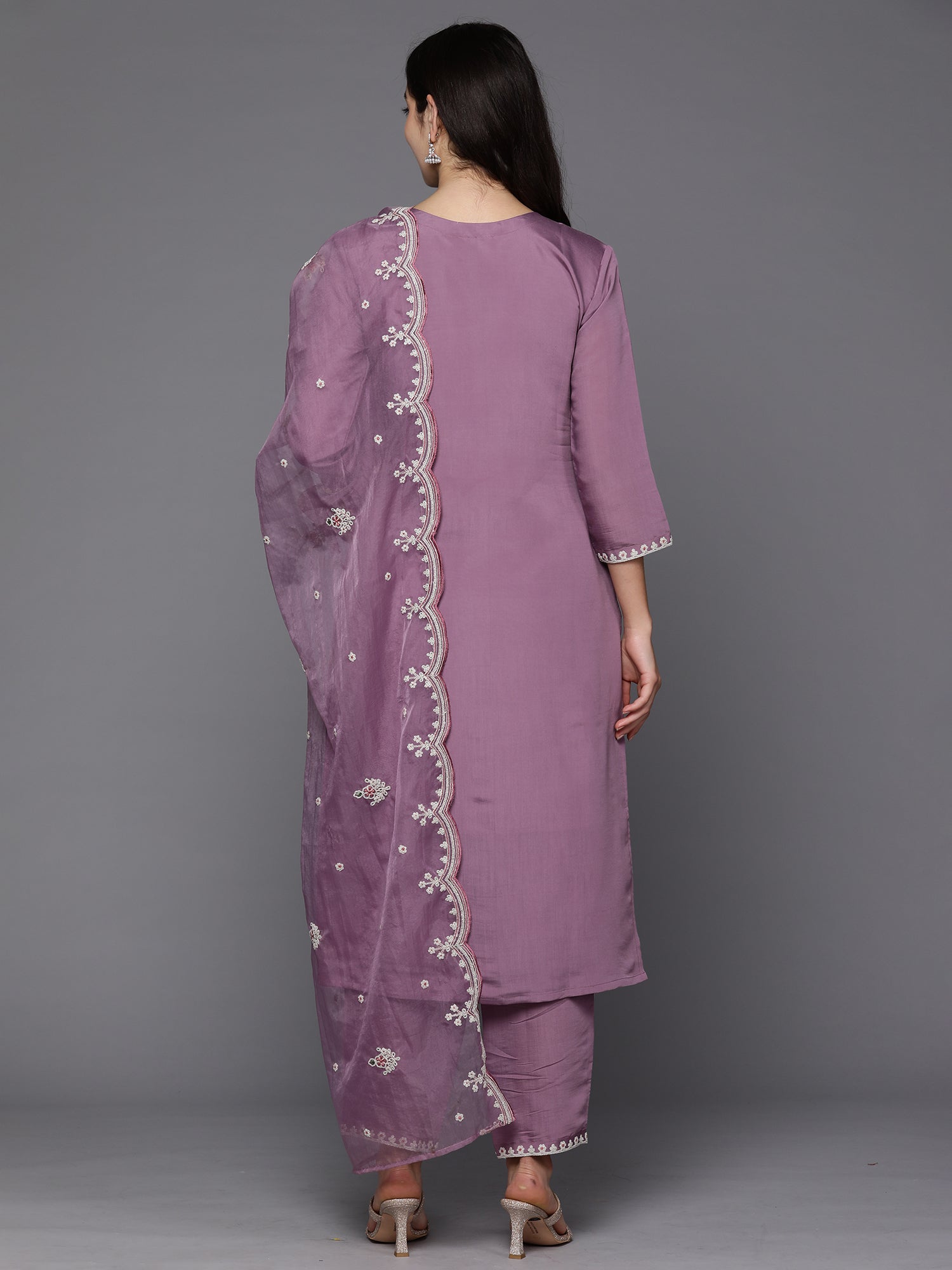Women's Lavender Embroidered Straight Kurta Trousers With Dupatta Set - Indo Era USA